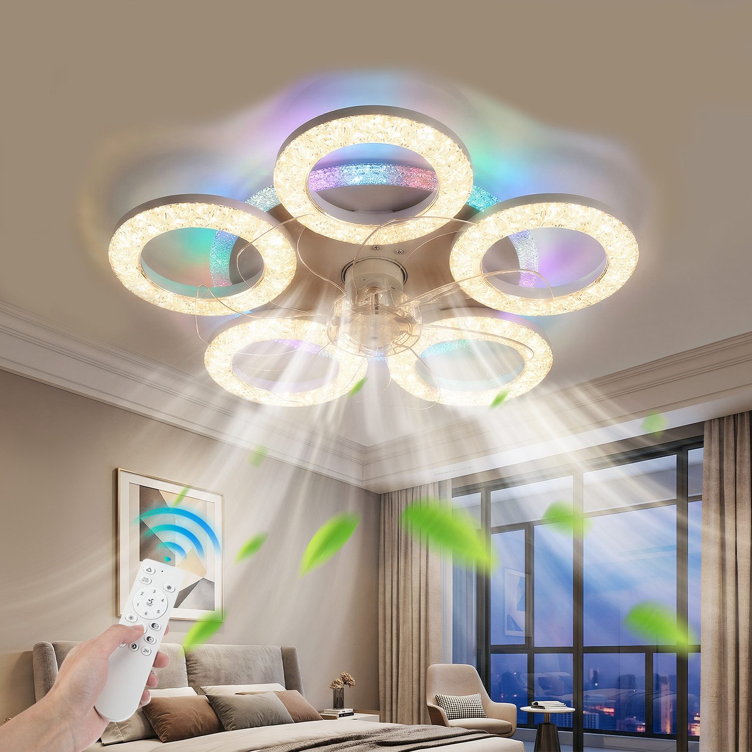 oyajia Deckenventilator Kristall Deckenleuchte mit RGB Hintergrundlicht,Leise Deckenventilator, 6 Geschwindigkeiten Ventilator, Deckenlampe mit RGB Farbwechsel Lampe