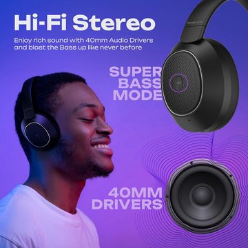 PowerLocus Über 60 Stunden Spielzeit Headset (HD Stereo + Super Bass: 40-mm-Neodym-Audiotreiber für klare Höhen und ausgewogene Mitten. Einzigartiger Bass-Modus für intensiven Sound., mit Premium-Komfort Hervorragende Geräuschunterdrückung, HD Stereo)