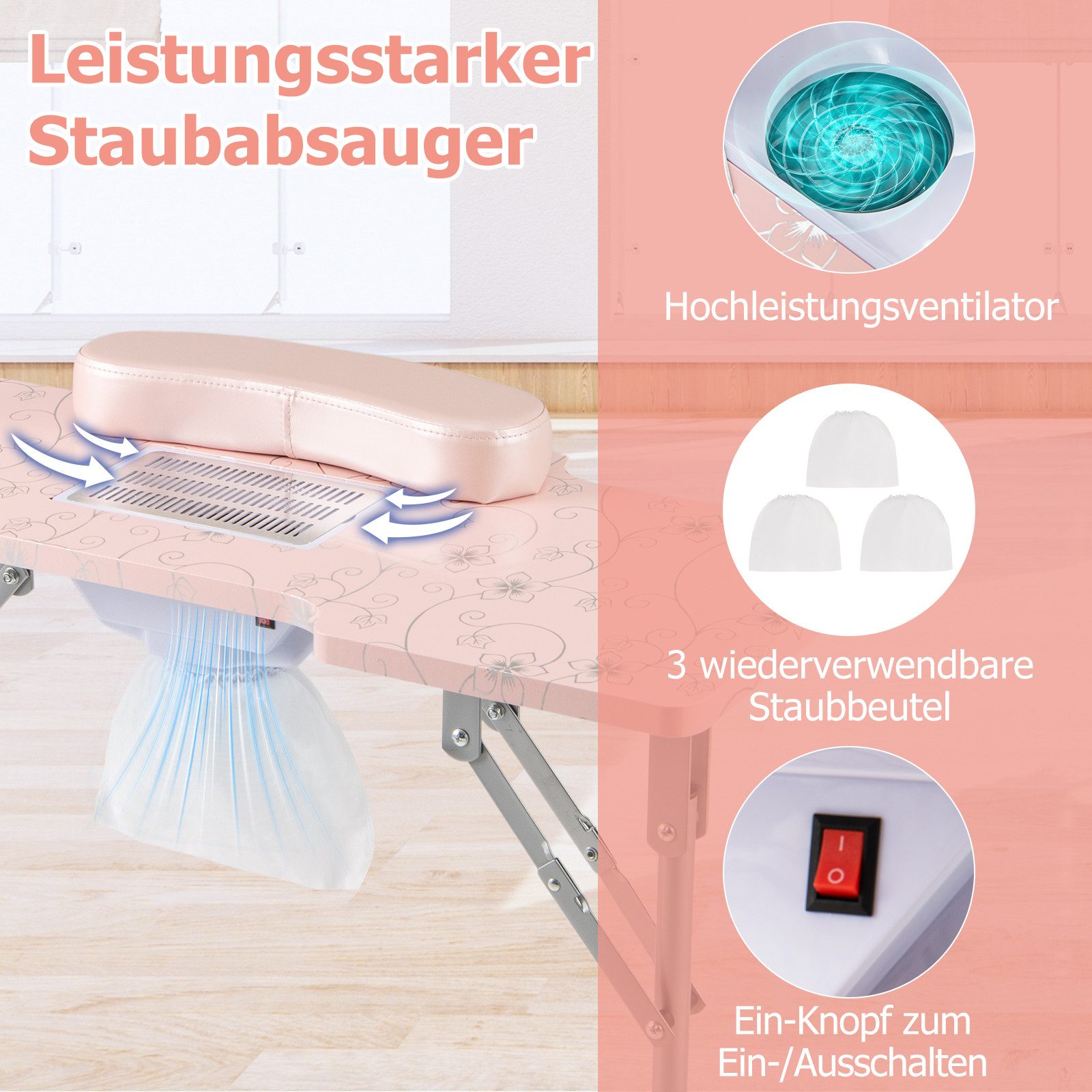 COSTWAY Maniküre-Pediküre-Set, Maniküretisch klappbar mit LED