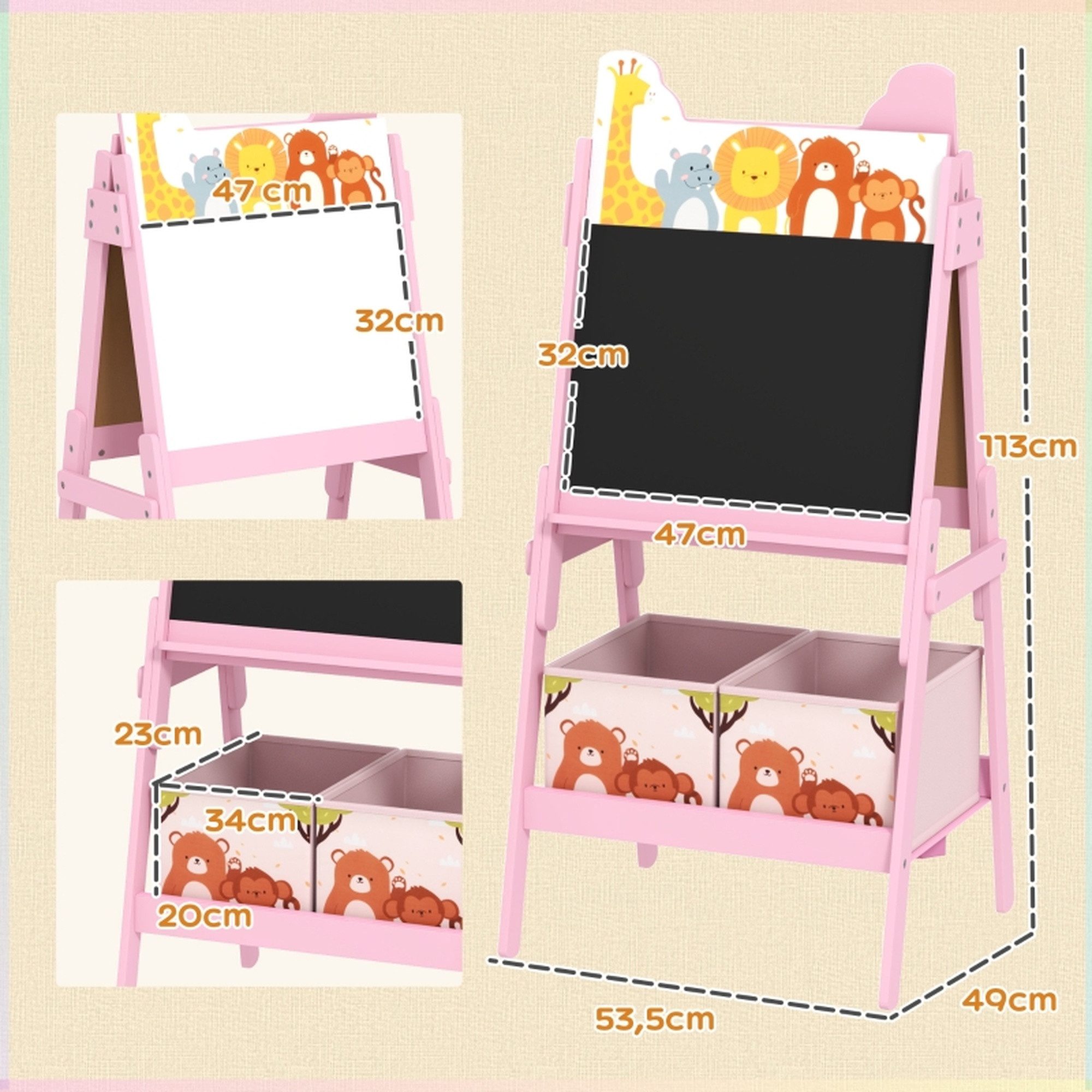 MC Star Standtafel 2-in-1 Kindermalstaffelei mit Whiteboard, Aufbewahrungsboxen, (Kreidetafel, für Kinder im Alter von 3-8 Jahren, Rosa)
