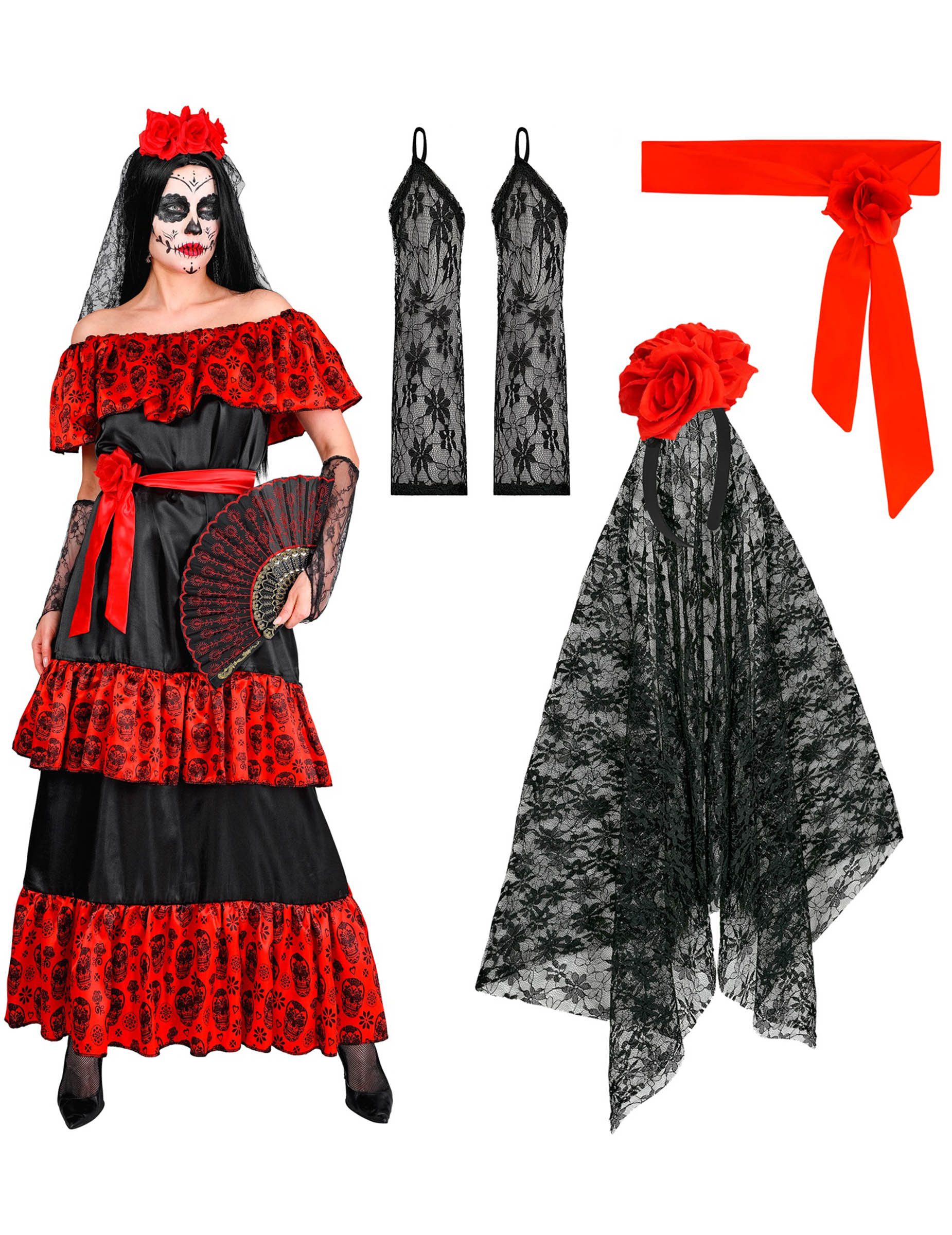 Widmann S.r.l. Kostüm Kostüm Tag der Toten für Damen Schwarz Rot Mexikanischer Stil