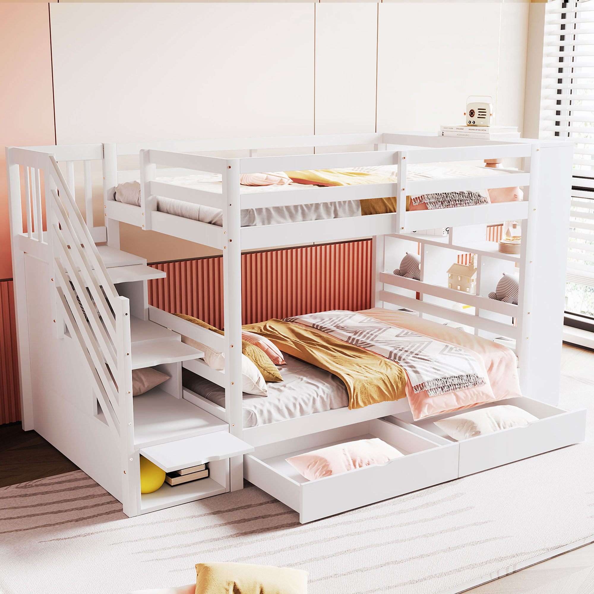 Flieks Etagenbett, Kinderbett 90x200cm mit 2 Schubladen, Seitschrank, Staur günstig online kaufen