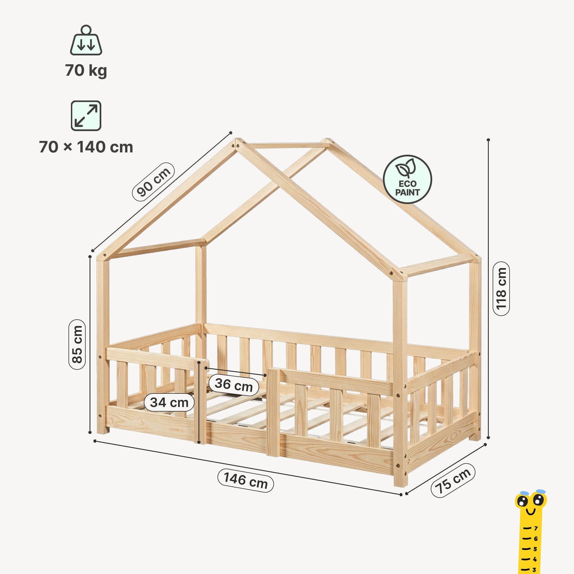 en.casa Kinderbett, »Treviolo« Haus-Optik Montessori 70x140 cm Holzfarben