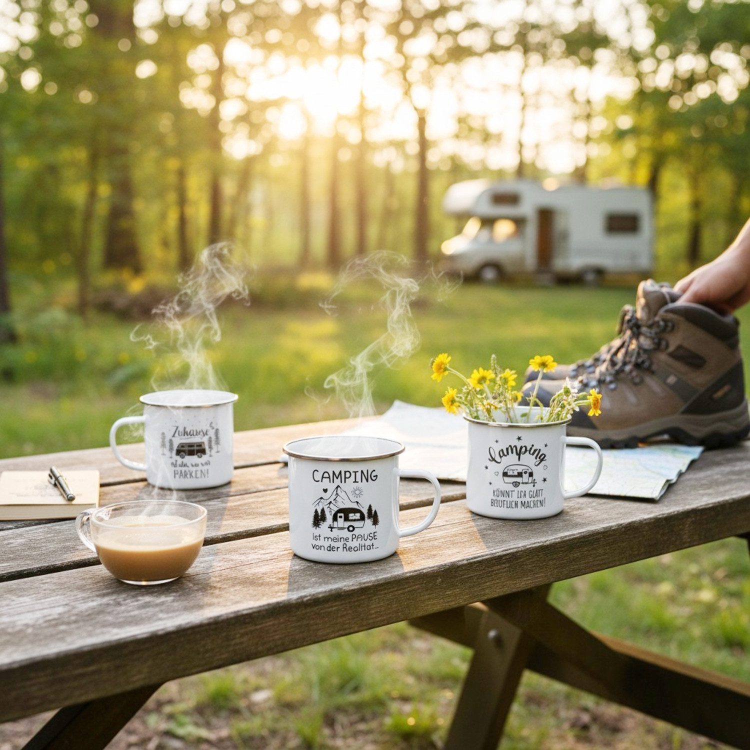 Macosa Home Tasse XL Tasse Metall Weiß Camping 3 vers. Designs, 1-tlg., Metall, Becher 450 ml Metalltasse Metallbecher
