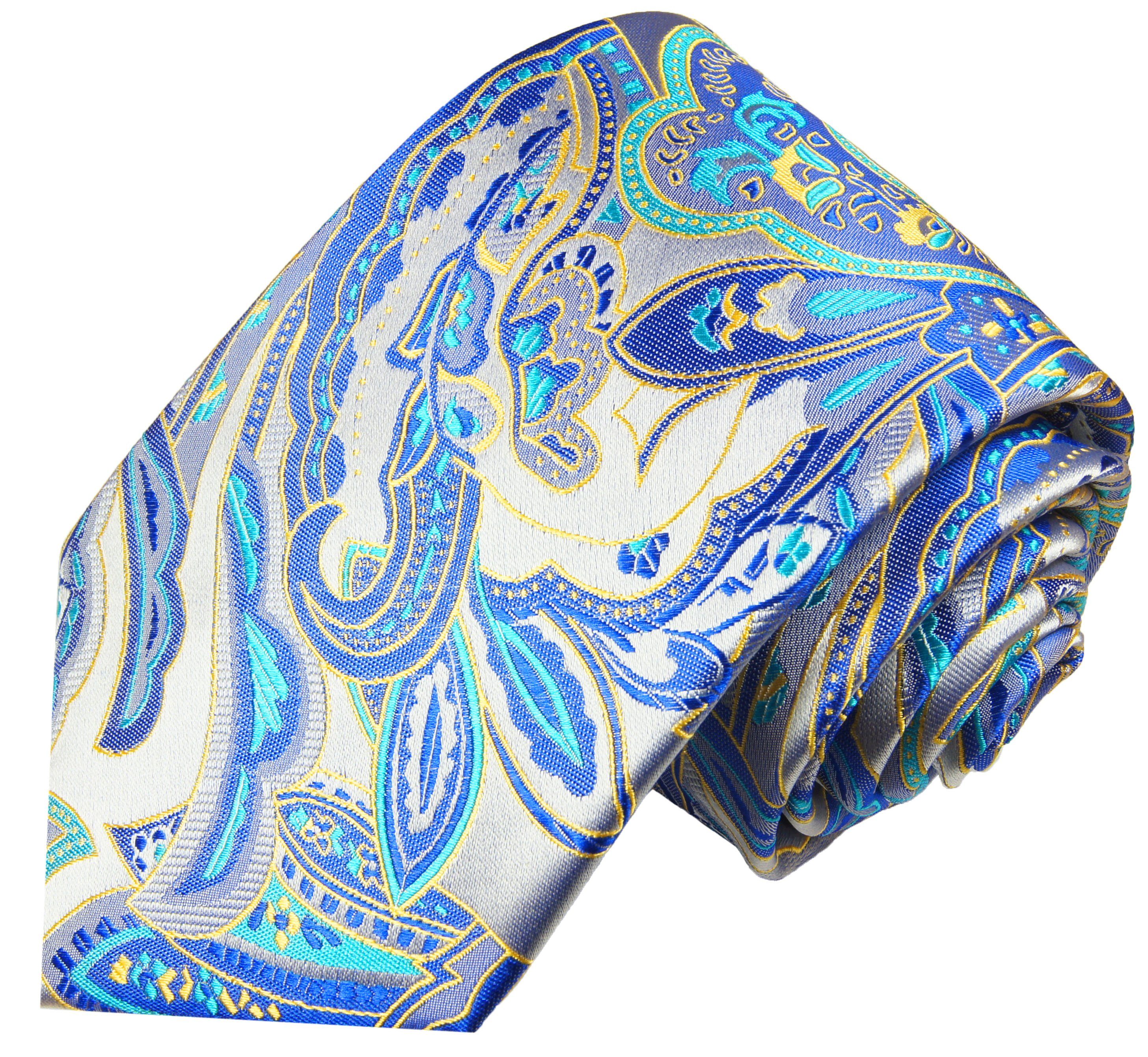 silber mit Paul (8cm), 2019 Elegante mit Malone Seidenkrawatte Seide 2-St., Krawatte 100% (Set, Breit Tuch Krawatte Herren Einstecktuch) blau paisley