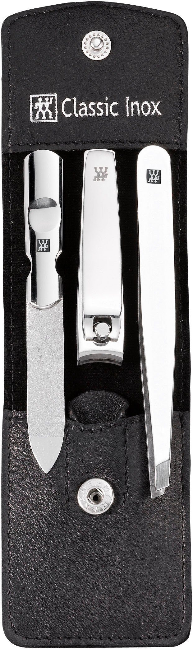 Zwilling Maniküre-Etui CLASSIC INOX DRUCKKNOPF-ETUI ANTHRAZIT, 3 tlg., mit  Nagelknipser, Bestückung in rostfreiem Edelstahl um die Langlebigkeit zu  garantieren