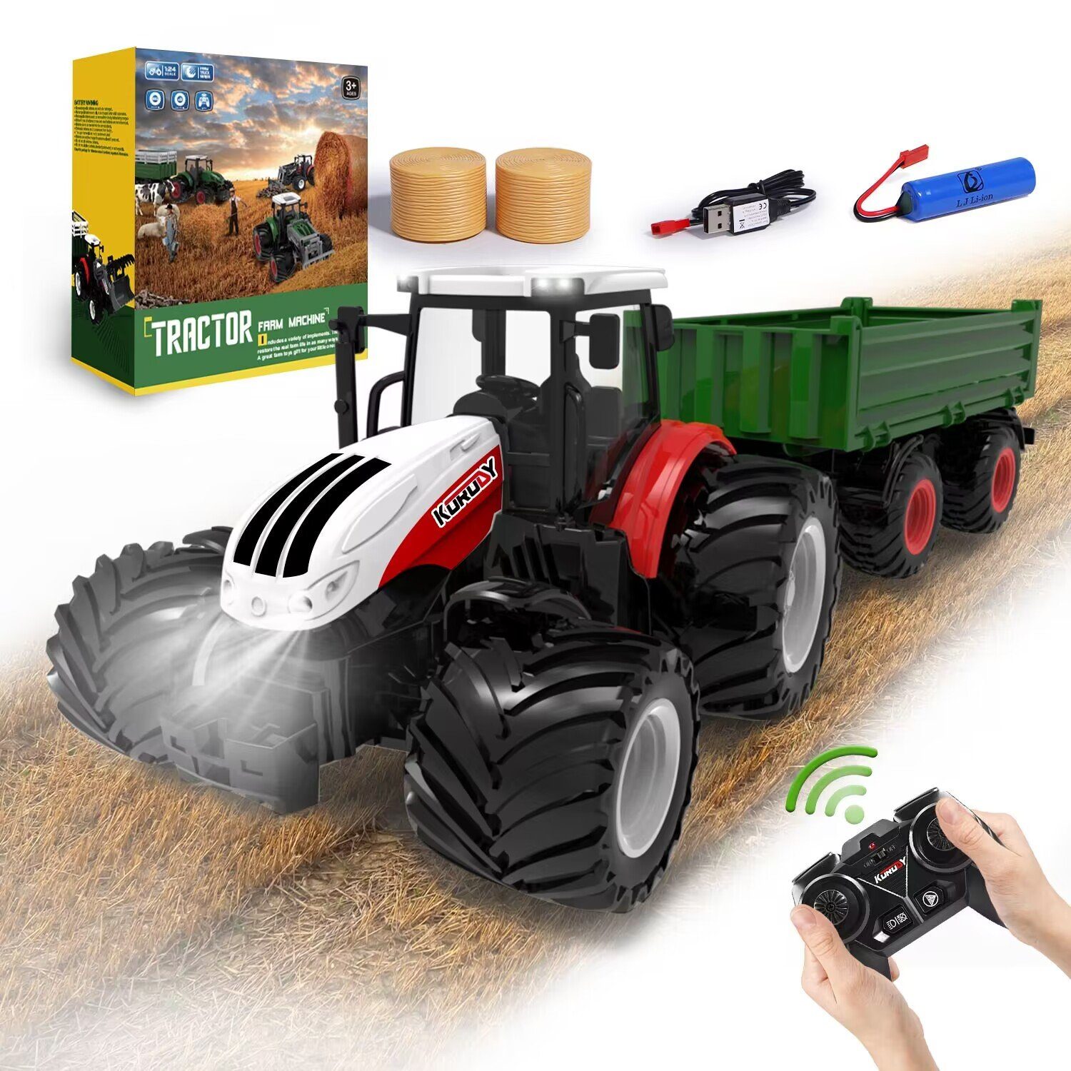 Esun RC-Traktor Ferngesteuerter Traktor mit Anhänger,Traktor Spielzeug  (Packung, Komplettset), Traktor Ferngesteuert Ackerschlepper mit Licht und  Sound