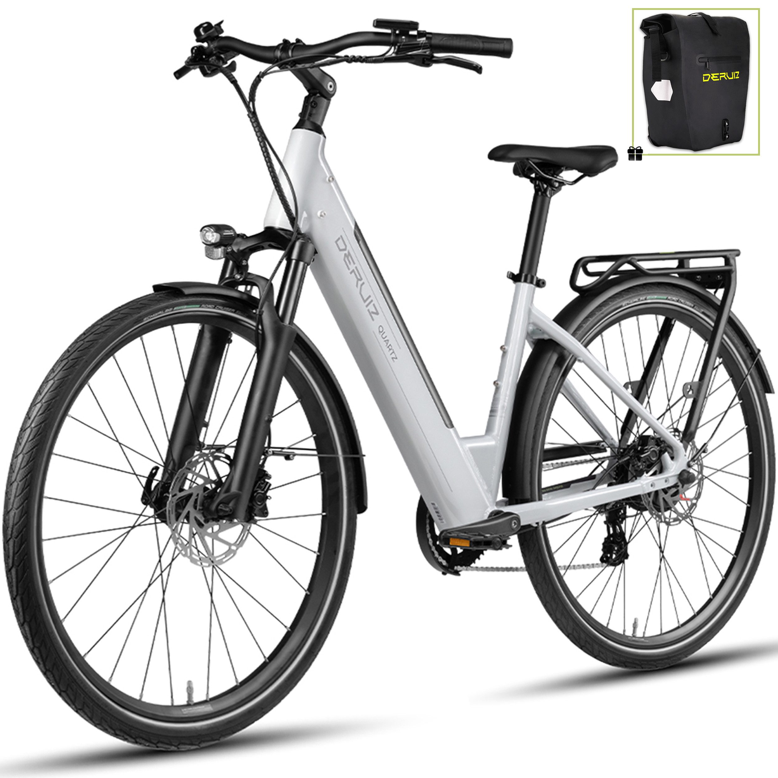 DERUIZ E-Bike Cityrad 28 Zoll für Damen und Herren, Bluetooth+App, Elektrofahrrad 161km, 8 Gang Shimano Altus RD-M310 Schaltwerk, Kettenschaltung, Heckmotor, 644 Wh, (Federgabel mit Lockout, Drehmomentsensor, mit Bremslicht), Quartz 2026, nur ca. 24kg, Einheitsgröße: 44cm, Hydr. Scheibenbremsen
