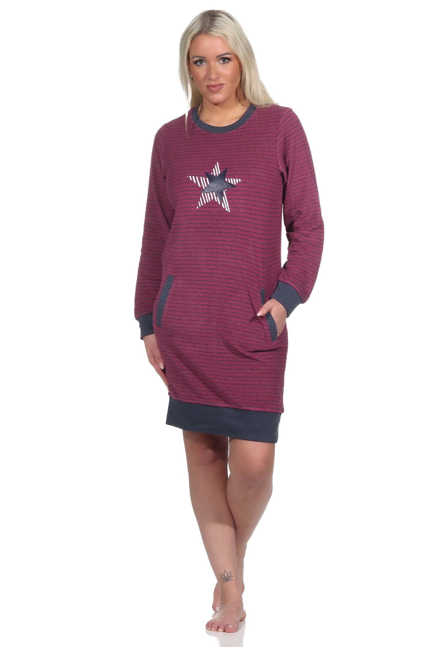 beere mit Sternenmotiv Nachthemd Nachthemd Damen in Normann + Frottee Streifenoptik Bündchen