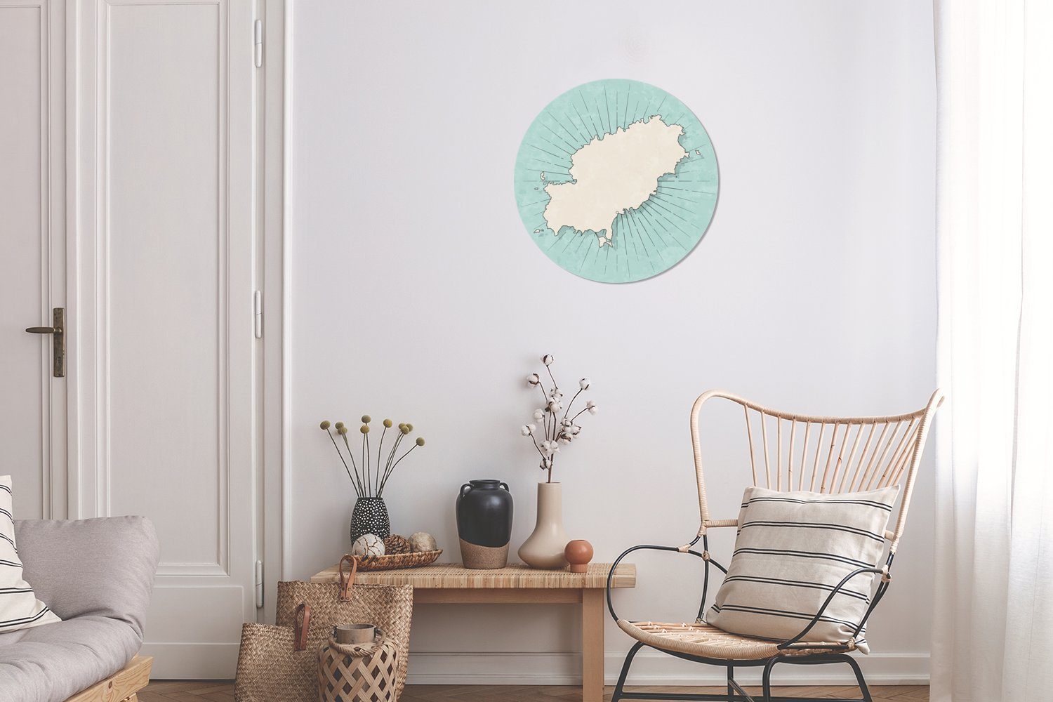 Illustration für Tapetenaufkleber, Wohnzimmer Ibiza Karte Hintergrund auf Kinderzimmer, St), einer Eine gelben MuchoWow Wandsticker Tapetenkreis (1 von blauem Rund,