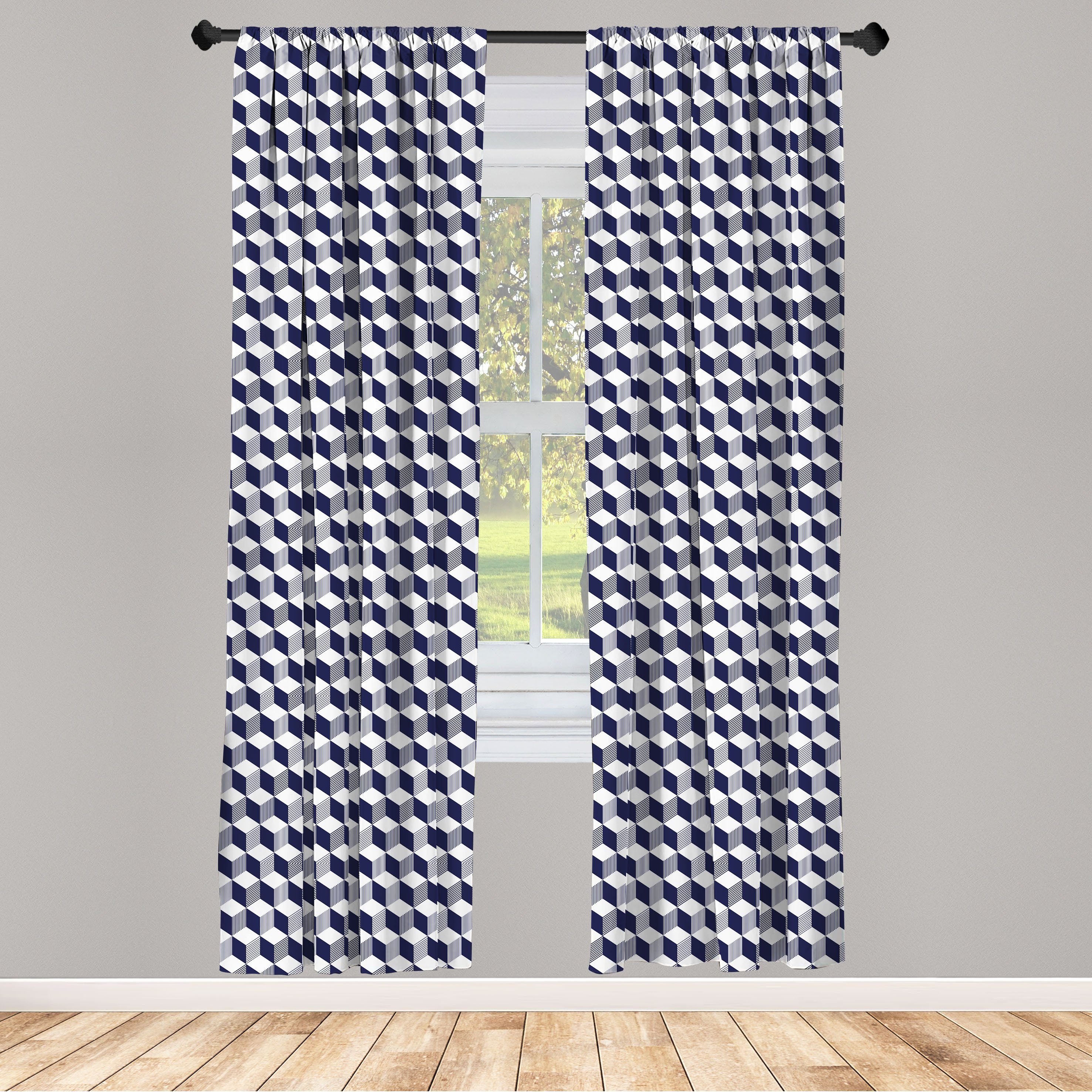 Gardine Vorhang für Wohnzimmer Schlafzimmer Dekor, Abakuhaus, Microfaser, Navy blau Abstrakt Cube Stripes