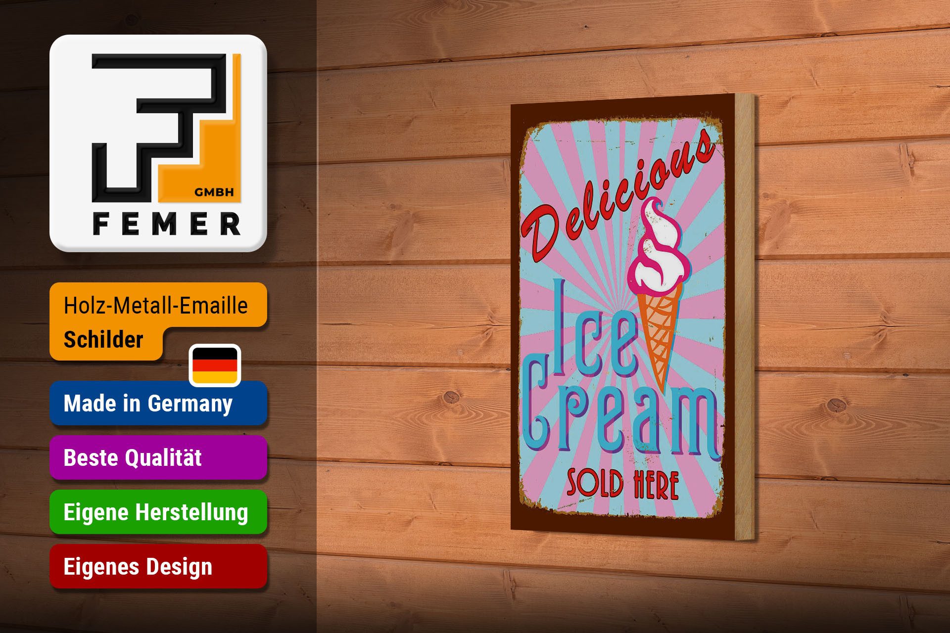 Femer GmbH Holzbild Reklame 12x18 cm Delicious Ice Cream sold here, (1 St), Glatte Holzfaserplatte (MDF), vorn beschichtet