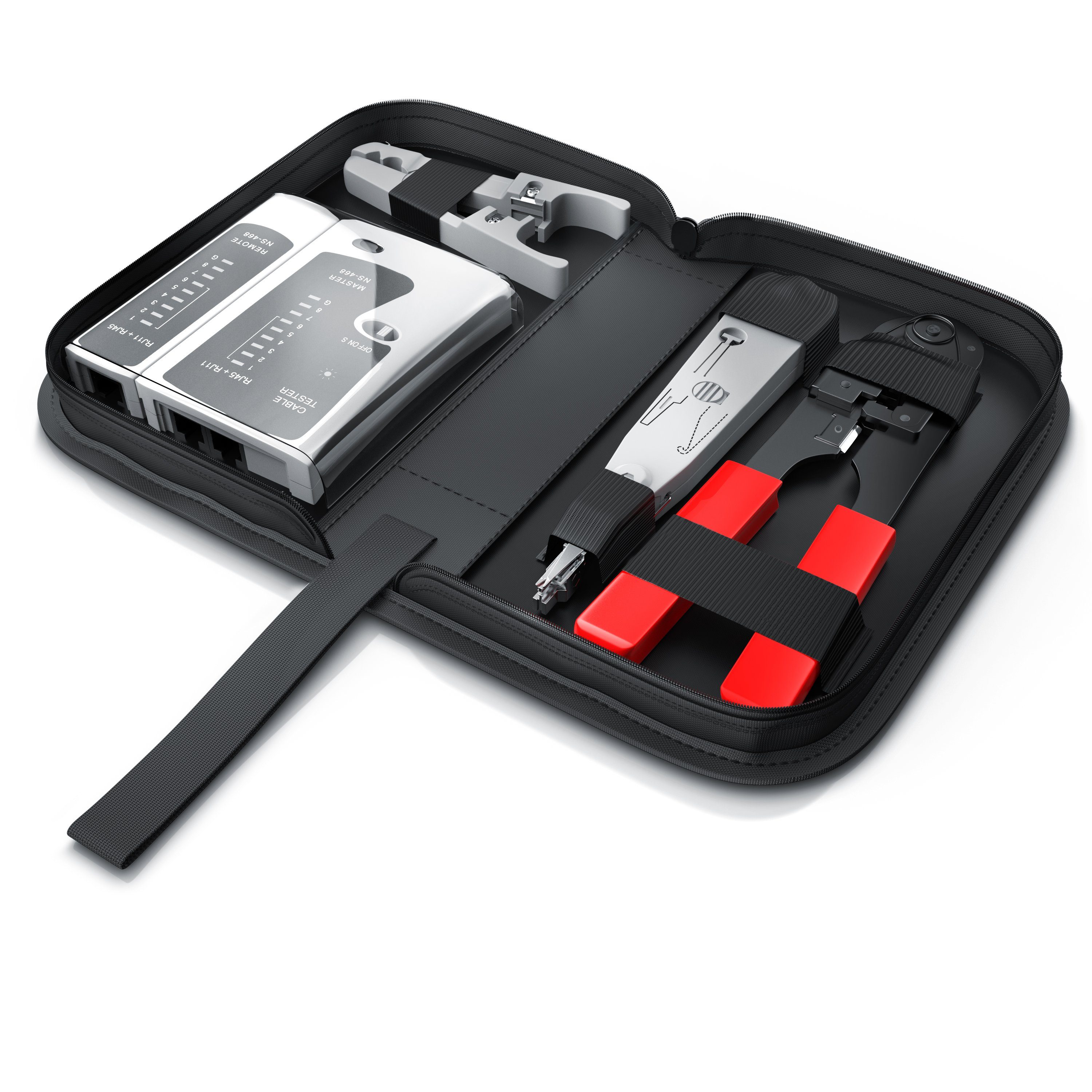 CSL Netzwerk Kabeltester für RJ45, RJ11, Telefon & Netzwerk mit Zubehör Netzwerk-Adapter RJ-45 (Ethernet) zu RJ-11, 2x RJ45, Leitungstester, Patchkabel-Tester, Abisolierer und Krimpzange