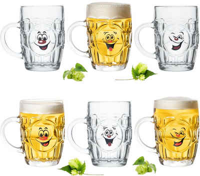 PLATINUX Bierglas »Biergläser«, Glas, 0,5L (max 700ml) mit Henkel und lustigen Motiven Set 6 Teilig Bierkrug Karnevalsgläser Maßkrug