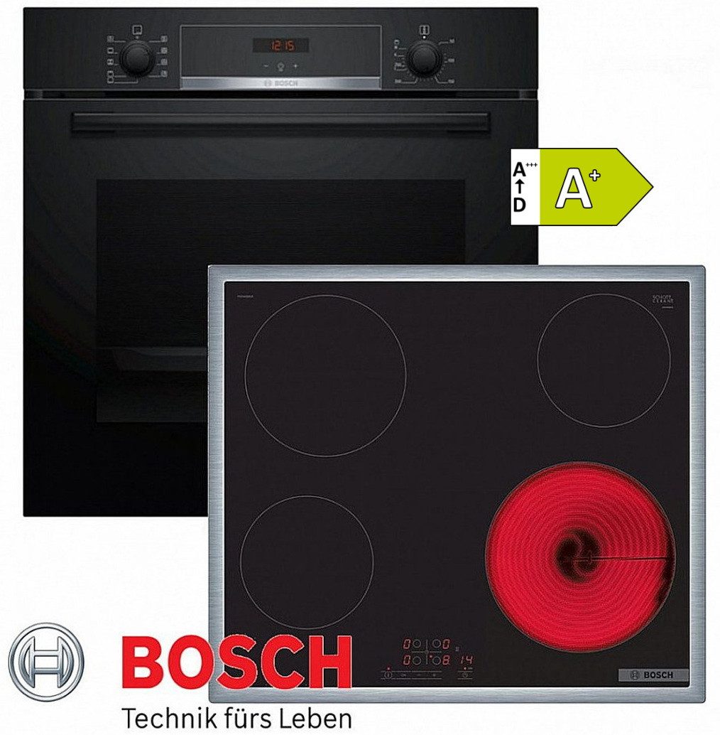 BOSCH Elektro-Herd-Set Bosch Serie 4 Herd Backofen Schwarz 3D + Glaskeramik Kochfeld Rahmen, mit 1-fach-Teleskopauszug, Katalyse- Rückwand