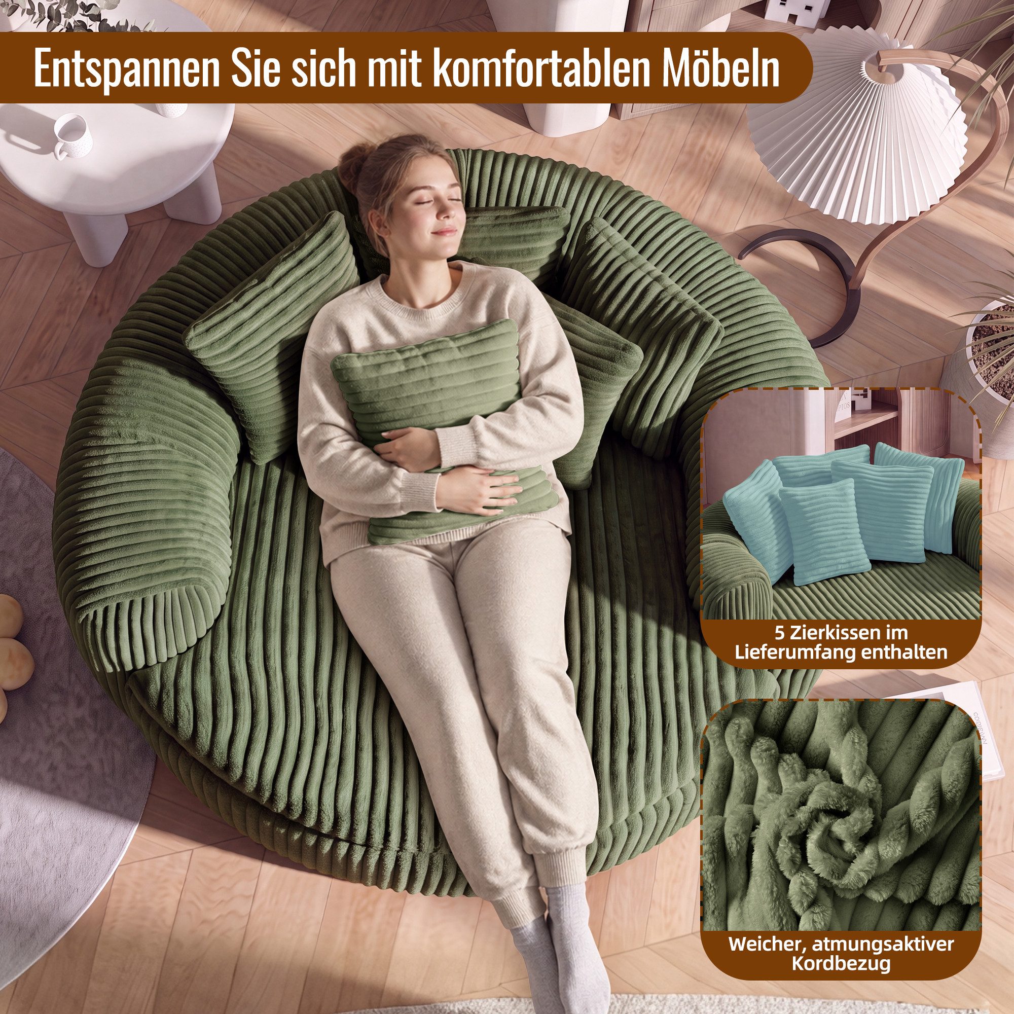 i@home Sitzsack Loungesessel Cord gepolstert, Relaxsessel Bodensessel (1 St., extrabreiter Sitzfläche und Armlehnen, rutschfest), Sessel mit Taschenfedern, 5 Ki – Bild 5 von 5