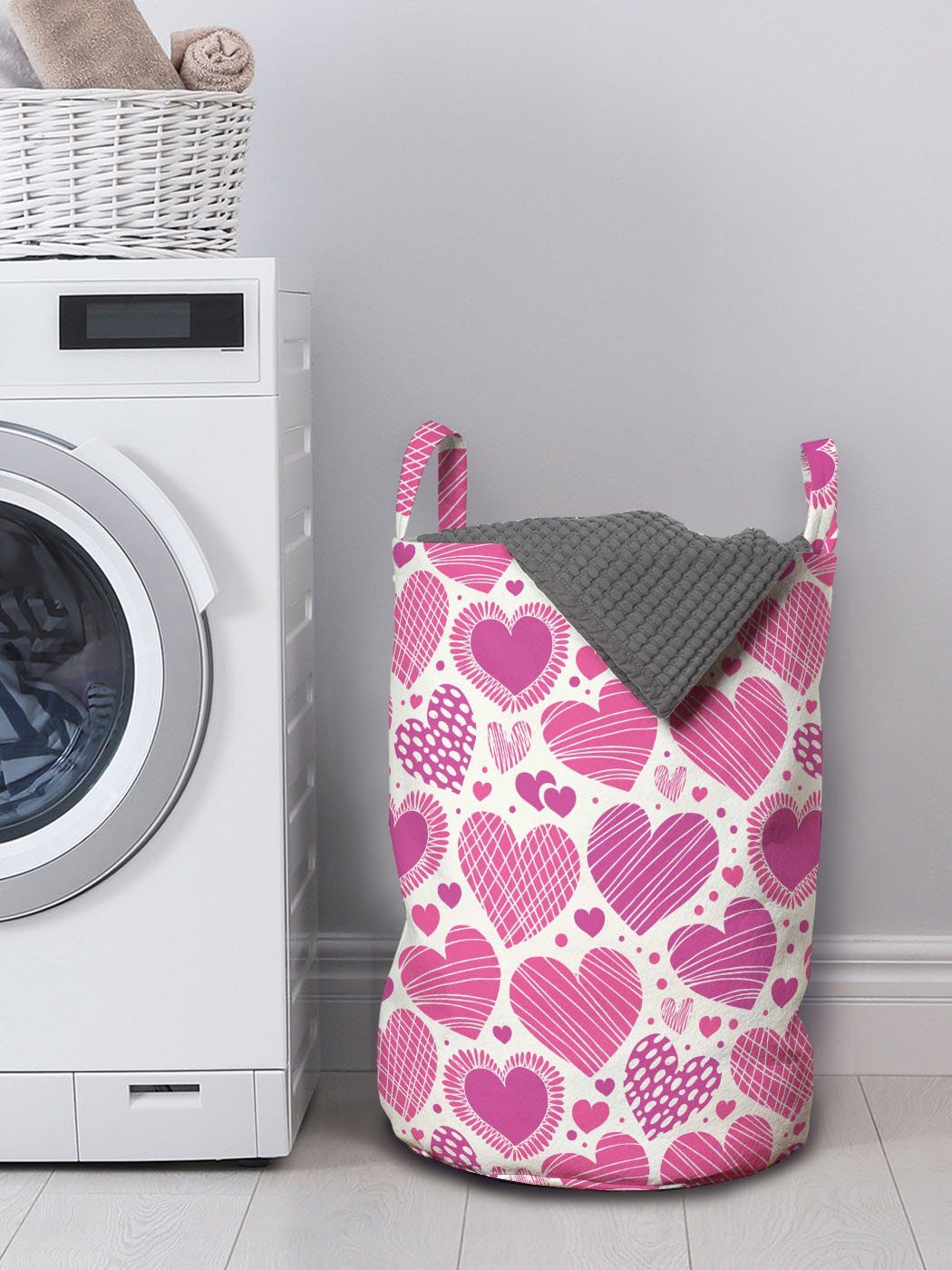 Abakuhaus Wäschesäckchen Wäschekorb mit Kordelzugverschluss Griffen für Rosa Romantische Motive Waschsalons, Valentines