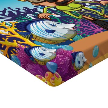 Spannbettlaken Soft Dekorativer Stoff Bettwäsche Rund-um Elastischer Gummizug, Abakuhaus, Taucher Illustration von Sea Life