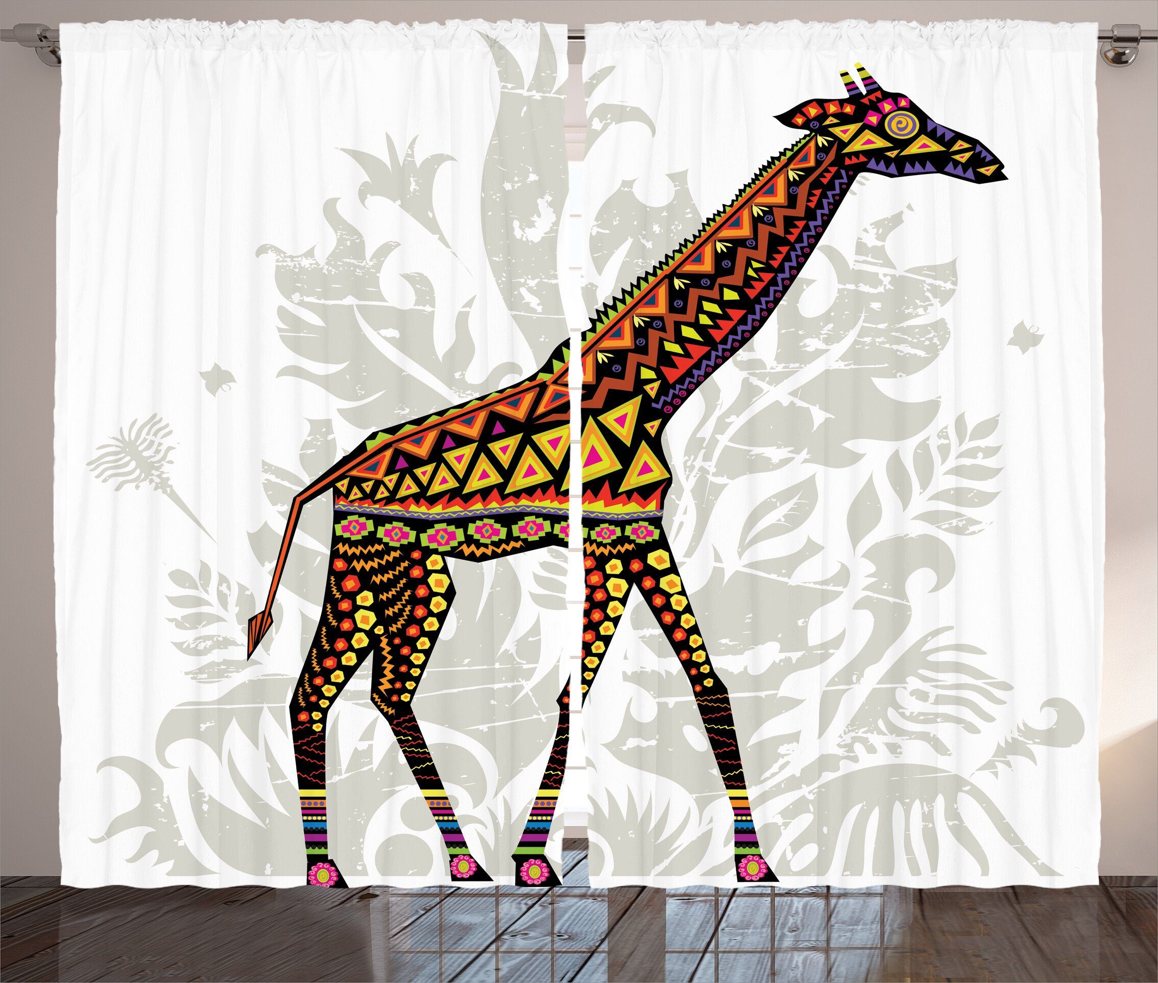 Gardine Schlafzimmer Kräuselband Vorhang mit Schlaufen und Haken, Abakuhaus, Giraffe Tier Ethnic