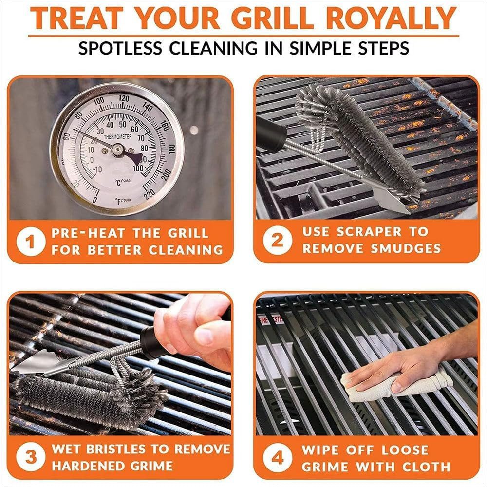 Refined Living Grillbürste BBQ Grillbürste 2-teilig mit Schaber – Edelstahl Grillreiniger Set, Für Holzkohlegrill, Gasgrill, Keramikgrill, Gusseisenrost, (BBQ Reinigungsbürste, Grillreiniger mit Schaber, Grillzubehör Set, Grillrost Reinigung, Grillbürste Set, Barbecue Bürste, Grill Reinigungsbürste, Ergonomischer Griff, 360° Borstenstruktur, Hochwertige Materialien,2-in-1 Design, 2-tlg., Integrierter Schaber,2 Edelstahl-Bürstenköpfe, Effiziente Reinigung), für Edelstahl, Gusseisen, Porzellan, Holzkohlegrills, universell