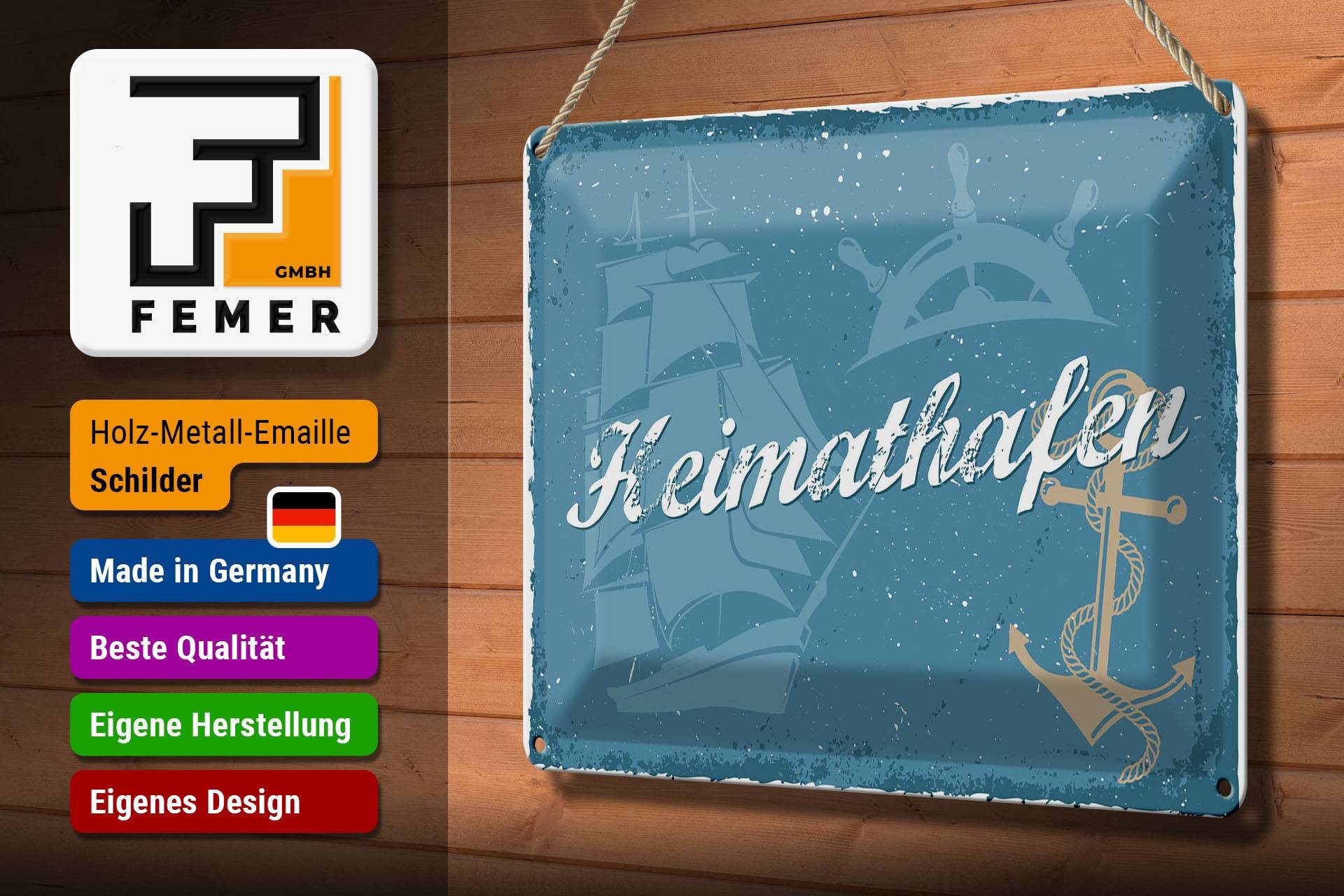 Femer GmbH Metallschild Spruch 30x20cm Heimathafen Wanddeko, (1 St), gewölbte Oberfläche, abgerundete Ecken, umgeschlagene Kanten