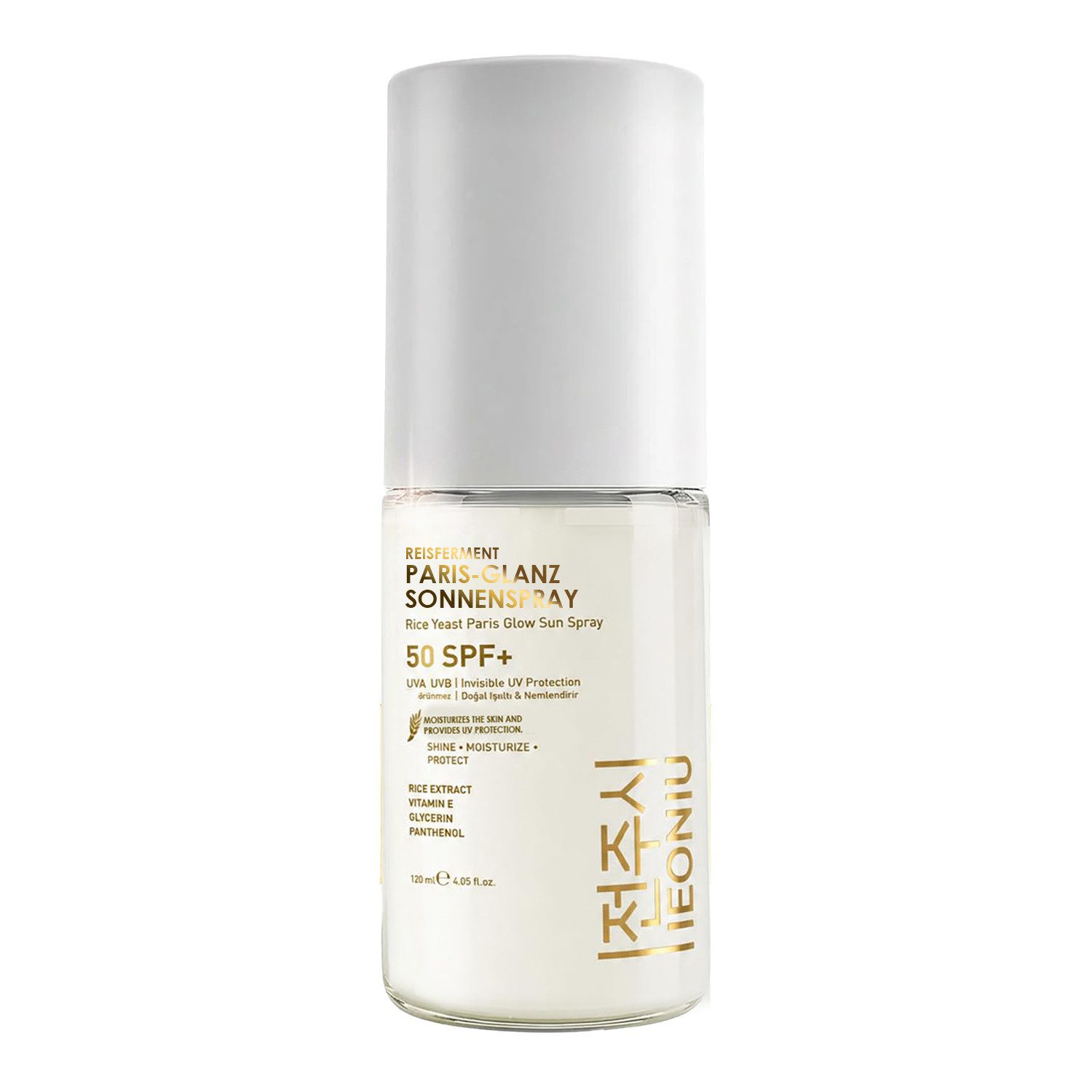 JEONJU Sonnenschutzspray Sonnenschutzspray LSF 50+ mit Reispflege, feuchtigkeitsspendend–120 ml, SPF 50+ schützt zuverlässig vor UVA- und UVB-Strahlen.