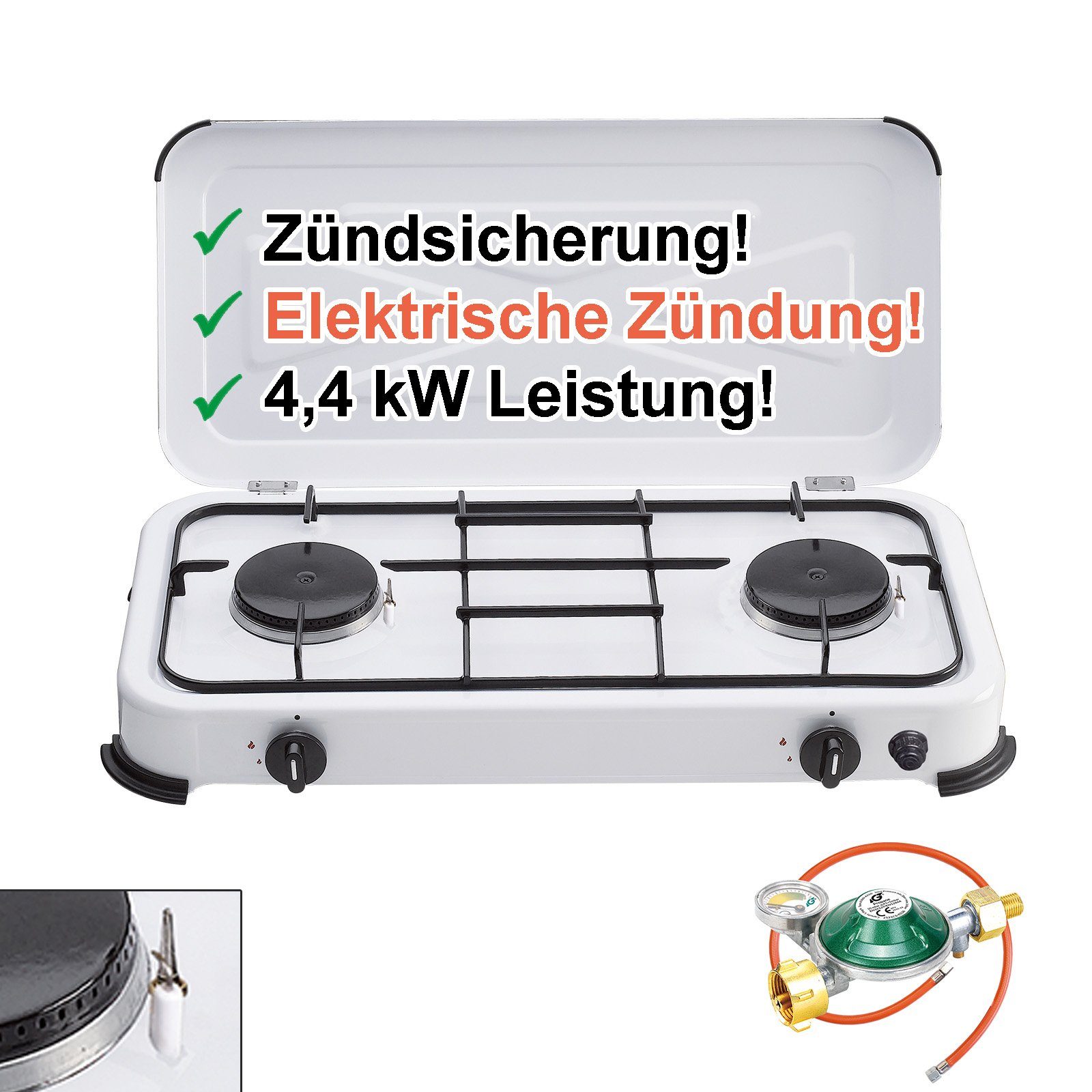 2 Gasregler und mit Schlauch Zündsicherung mit Propangas 2-flammig, Zündung, (Gas-Kochfeld mit Gaskocher Campingkocher flammen BlueCraft imit Manometer Druckminderer), elektrischer