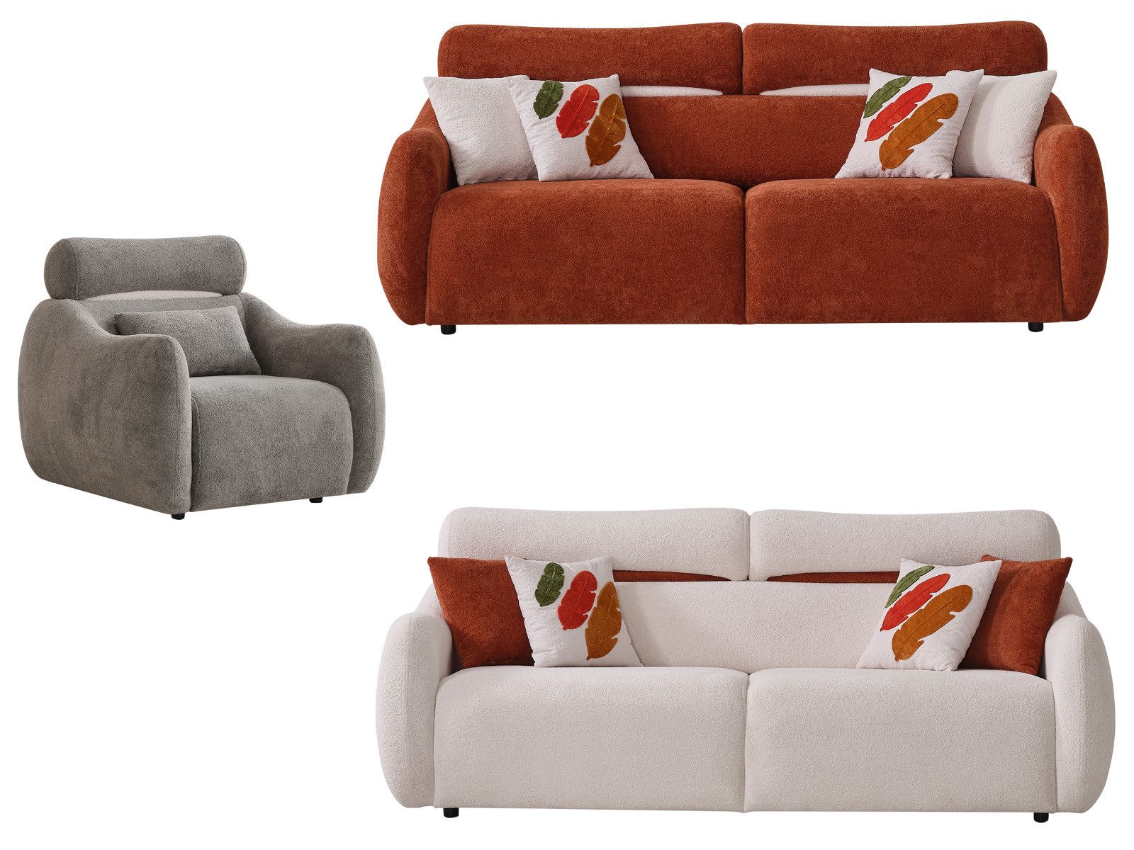 Villa Möbel Polstergarnitur Mimoza, (Sofa Set, 3-Sitzer + 3-Sitzer + Sessel), Bouclé Sofa Set mit zwei Zusammenstellungen und weichem Sitz