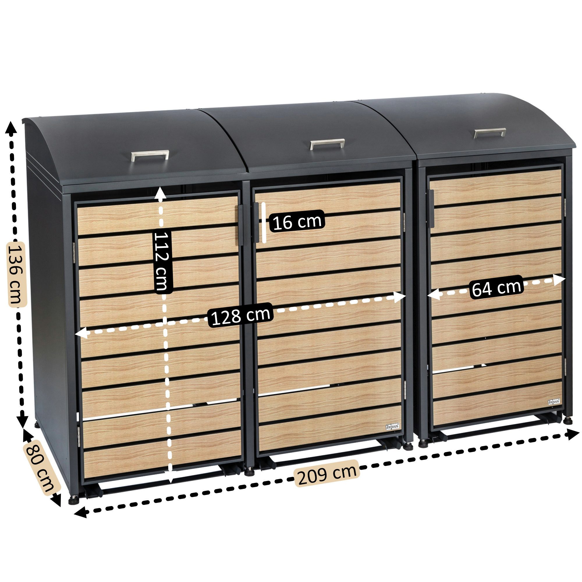 Thumbnail - Zelsius Mülltonnenbox Mülltonnenkasten mit abgerundetem Deckel für drei 120 - 240 Liter (Set, 3er Box)