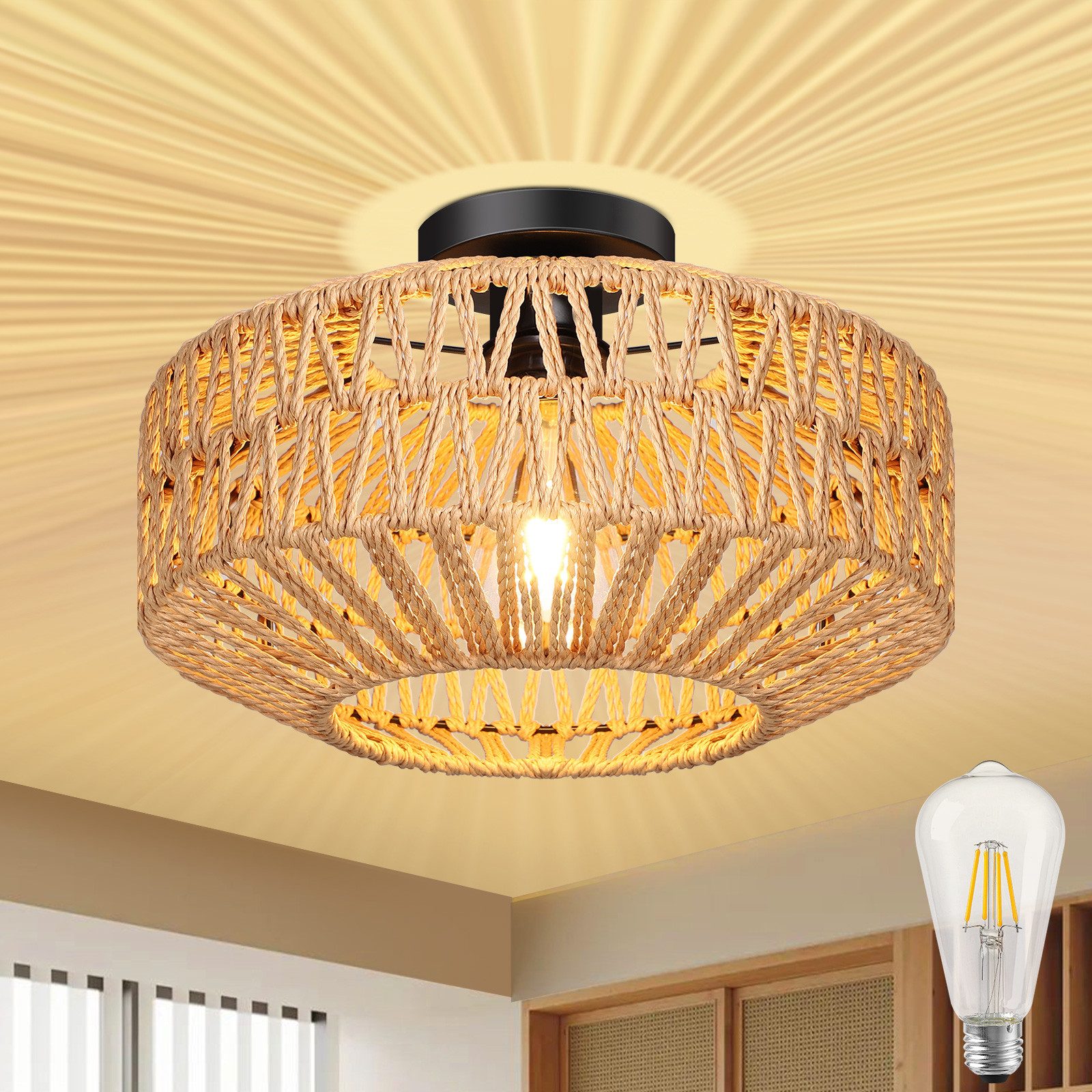MUPOO Deckenleuchten Rattan Deckenlampe aus Rattan/Metall günstig online kaufen