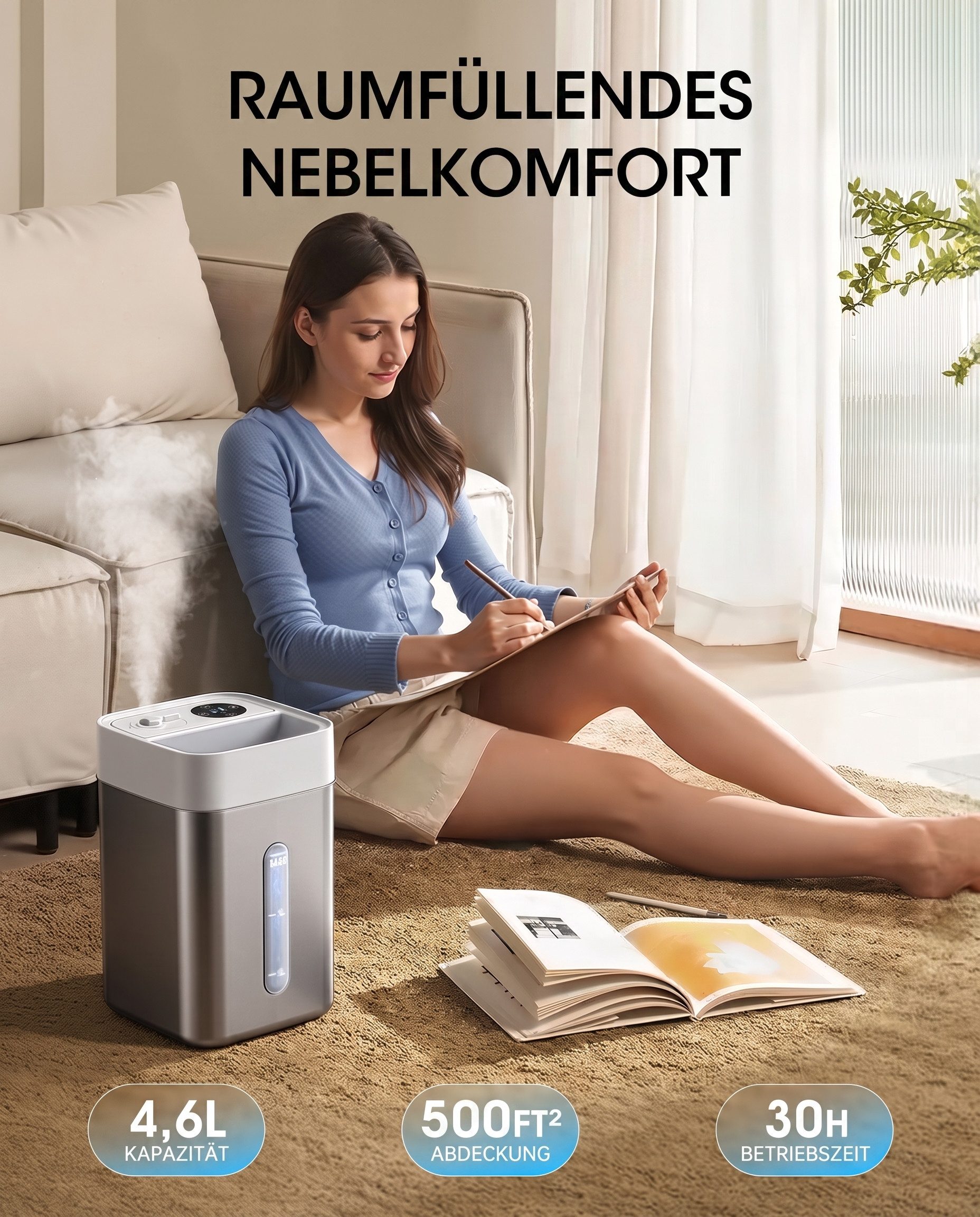 Wootoy Luftbefeuchter Raumbefeuchter 4,6L Ultraschall Luftbefeuchtungsgerät Timer Nachtlicht, 4,6 l Wassertank, 7-farbiges Nachtlicht und 2–8 Stunden Timer für hohen Komfort