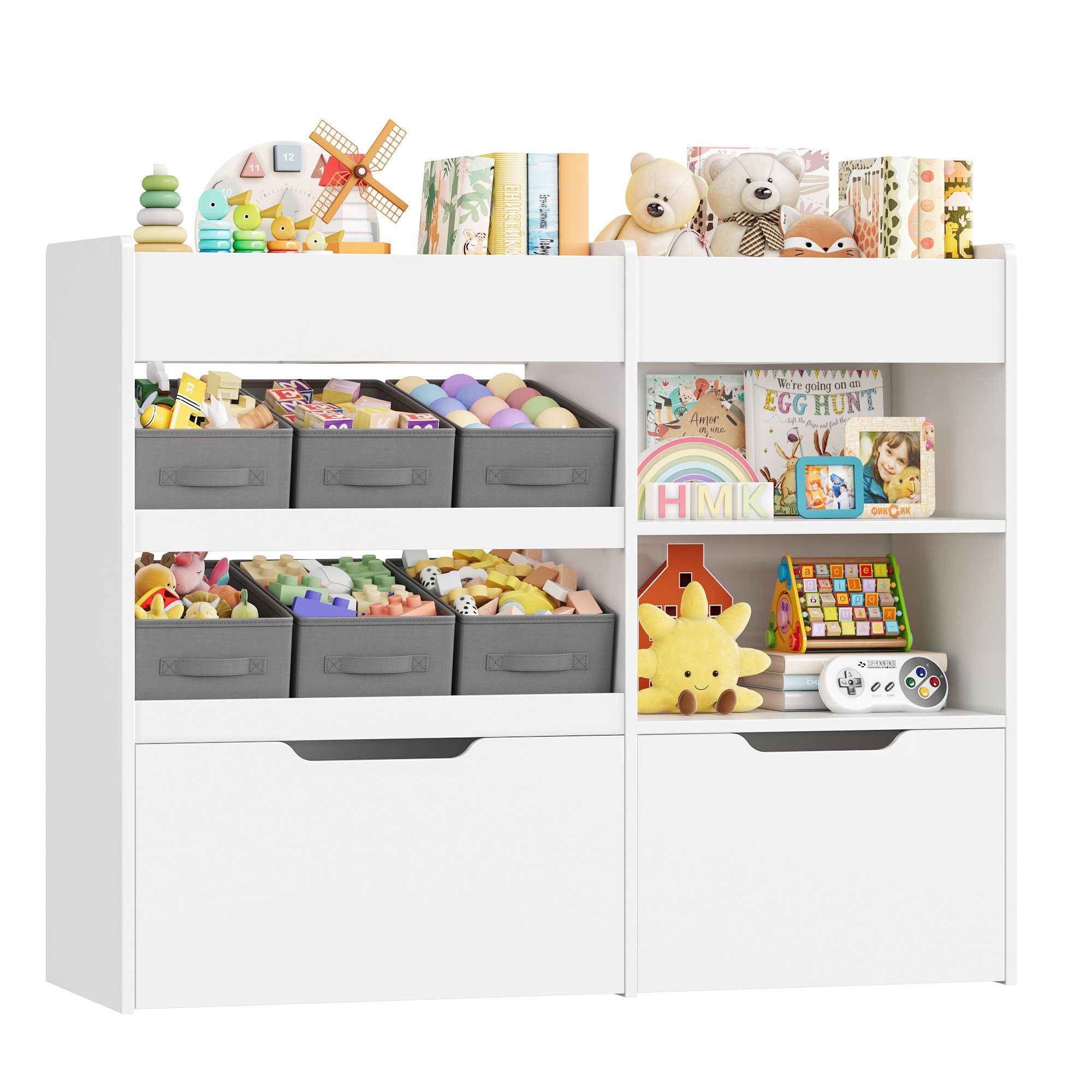 HOMECHO Kinderregal, mit 6 Boxen auf Rollen, Regal Kinderzimmer, Weiß, 108.6x88.5x30cm