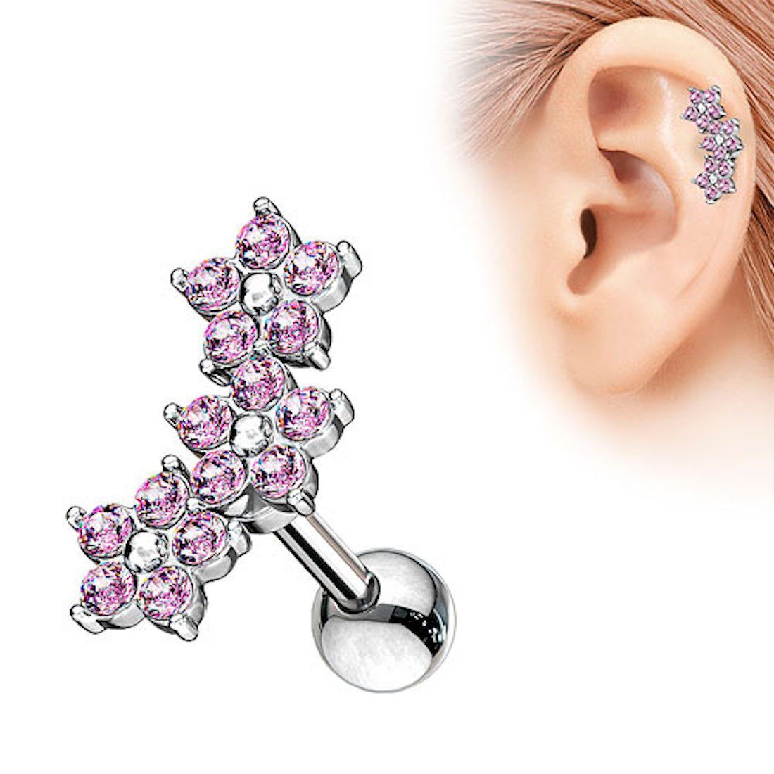 Taffstyle Piercing-Set Tragus Ohr Piercing Stecker mit 3 Kristall Blumen, Chirurgenstahl Helix Tragus Ohrpiercing Cartilage Stab Barbell Kugel Pink