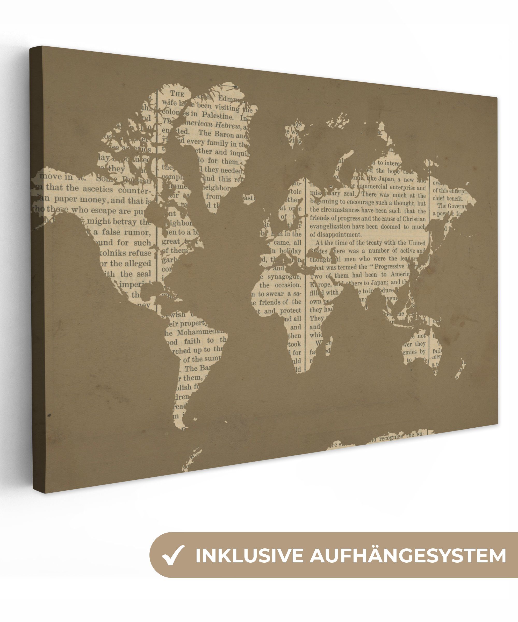 OneMillionCanvasses® Leinwandbild Weltkarte - Buch - Braun, (1 St), Wandbild Leinwandbilder, Aufhängefertig, Wanddeko, 30x20 cm