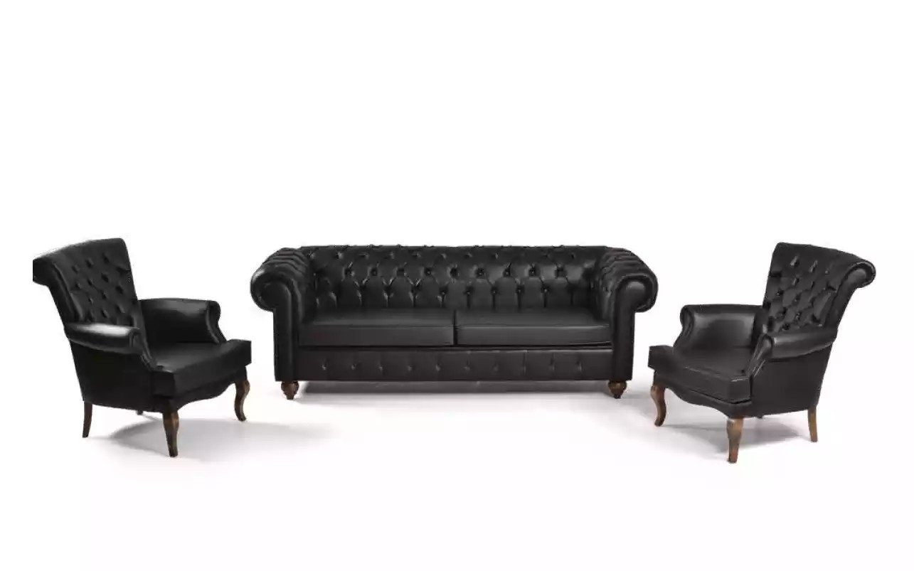 JVmoebel Chesterfield-Sofa Schwarze Chesterfield Sofagarnitur aus Kunstleder für Büros, Set, Made in Europa