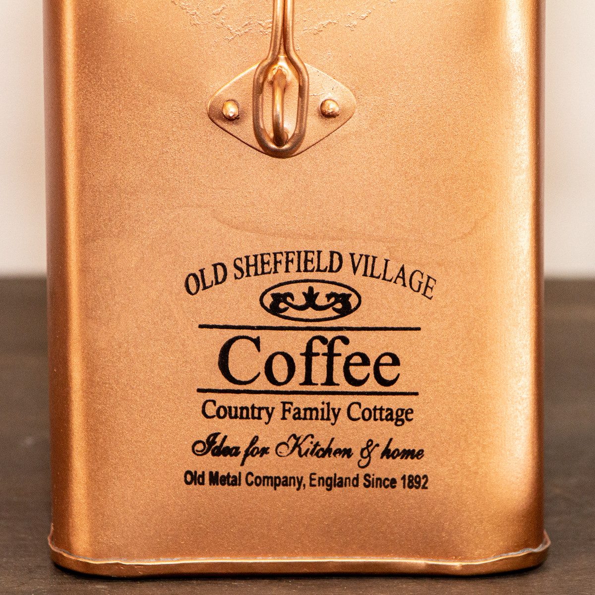 Antikas Wanddekoobjekt Eisendose für Kaffee, Kupfergold, Vorratsdose, Dekoration