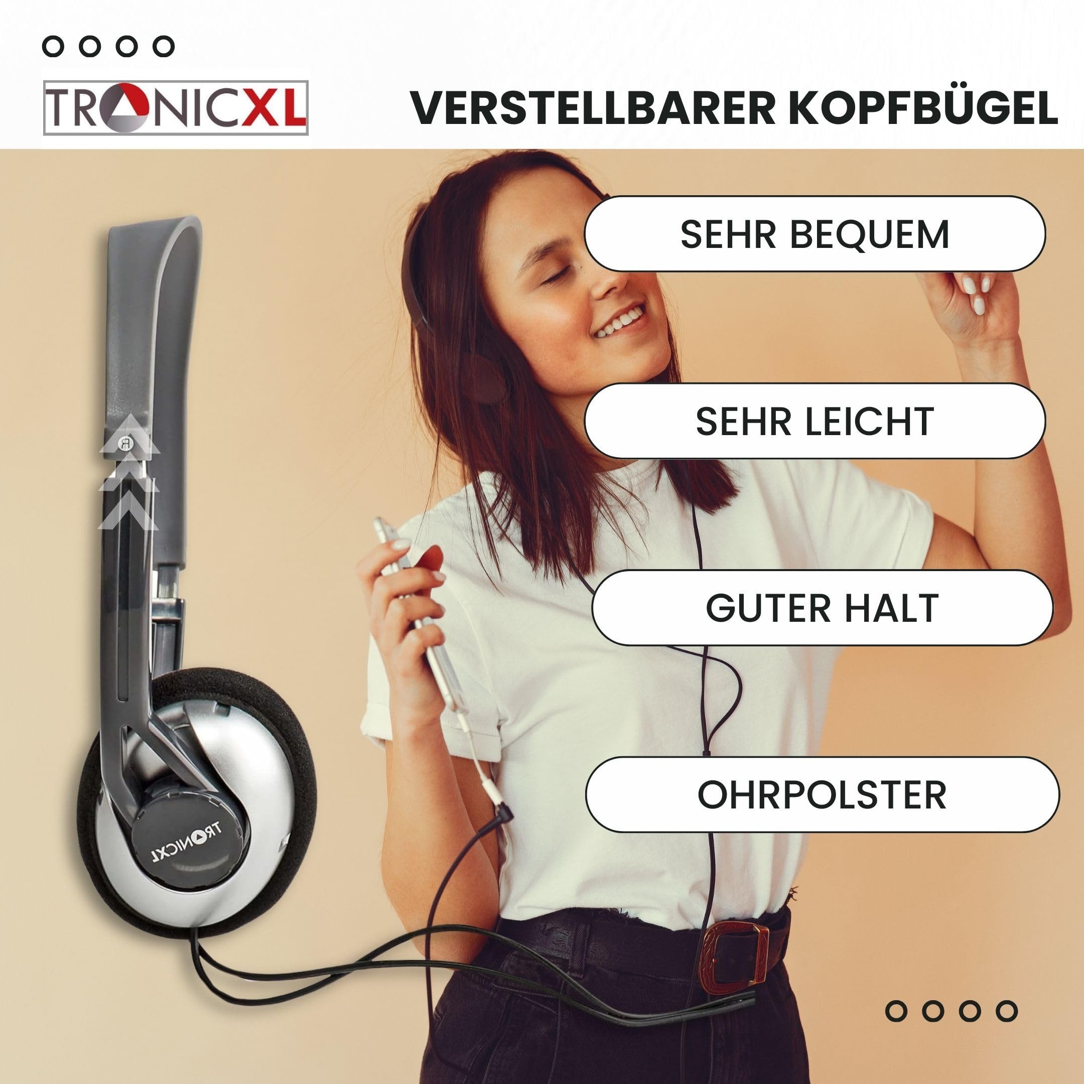 TronicXL Fernseh Kopfhörer 6m langes Kabel Kopfbügel Klinke TV lang 3,5mm HiFi-Kopfhörer