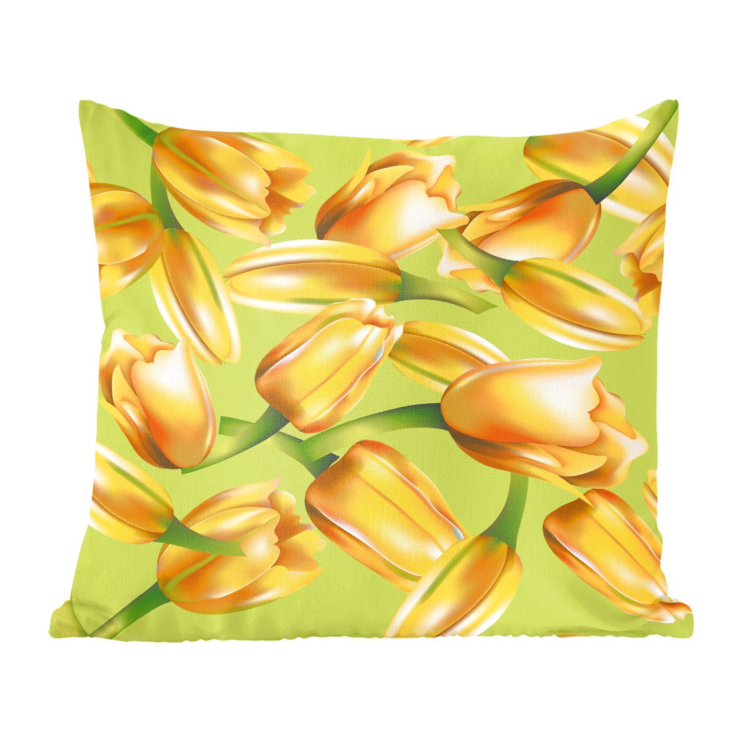 MuchoWow Dekokissen Eine Illustration von gelben Tulpen auf einem grünen Hintergrund, Zierkissen mit Füllung für Wohzimmer, Schlafzimmer, Deko, Sofakissen