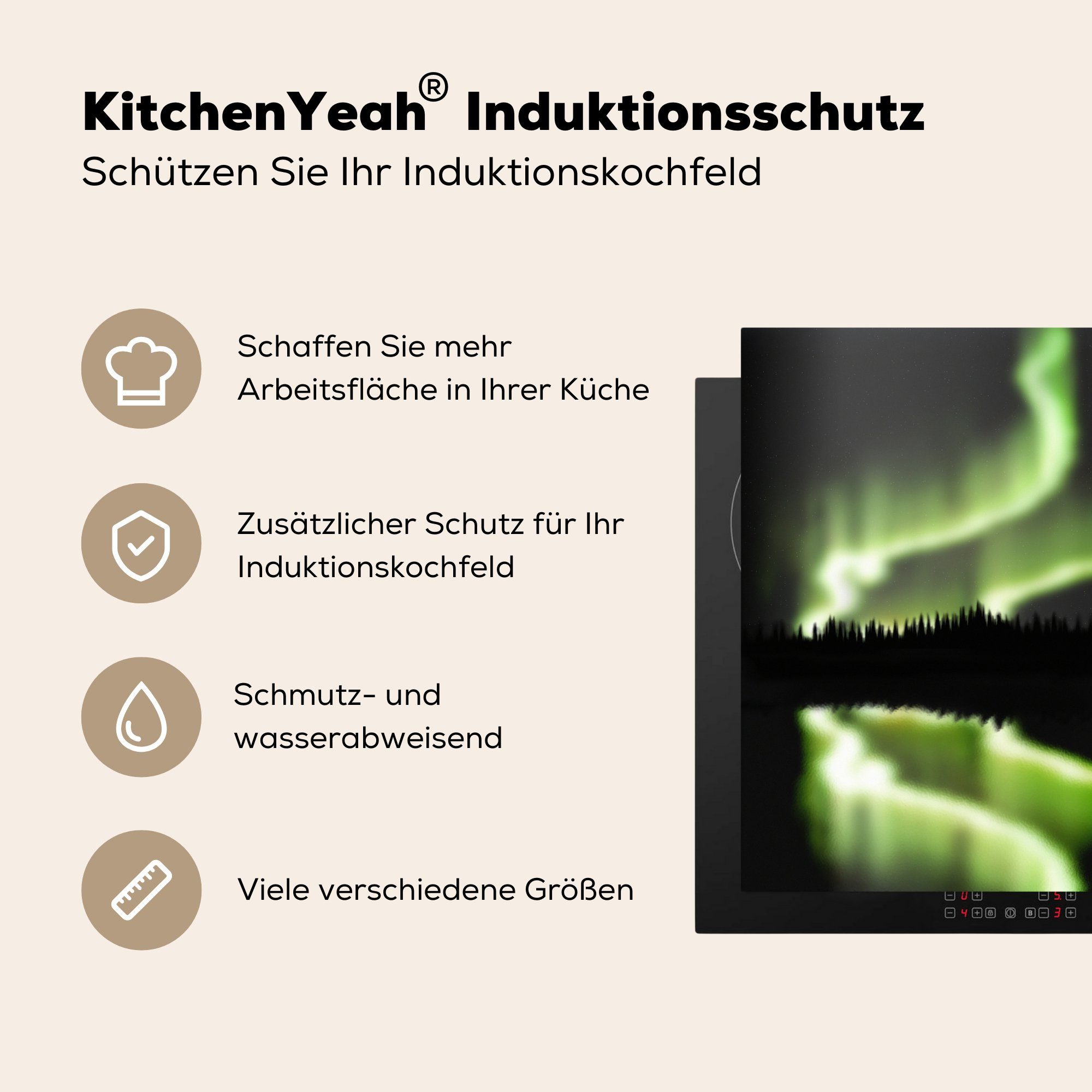 MuchoWow Herdblende-/Abdeckplatte Eine Illustration des Arbeitsplatte Nordlichts, küche cm, 78x78 tlg), für Ceranfeldabdeckung, (1 grünen Vinyl