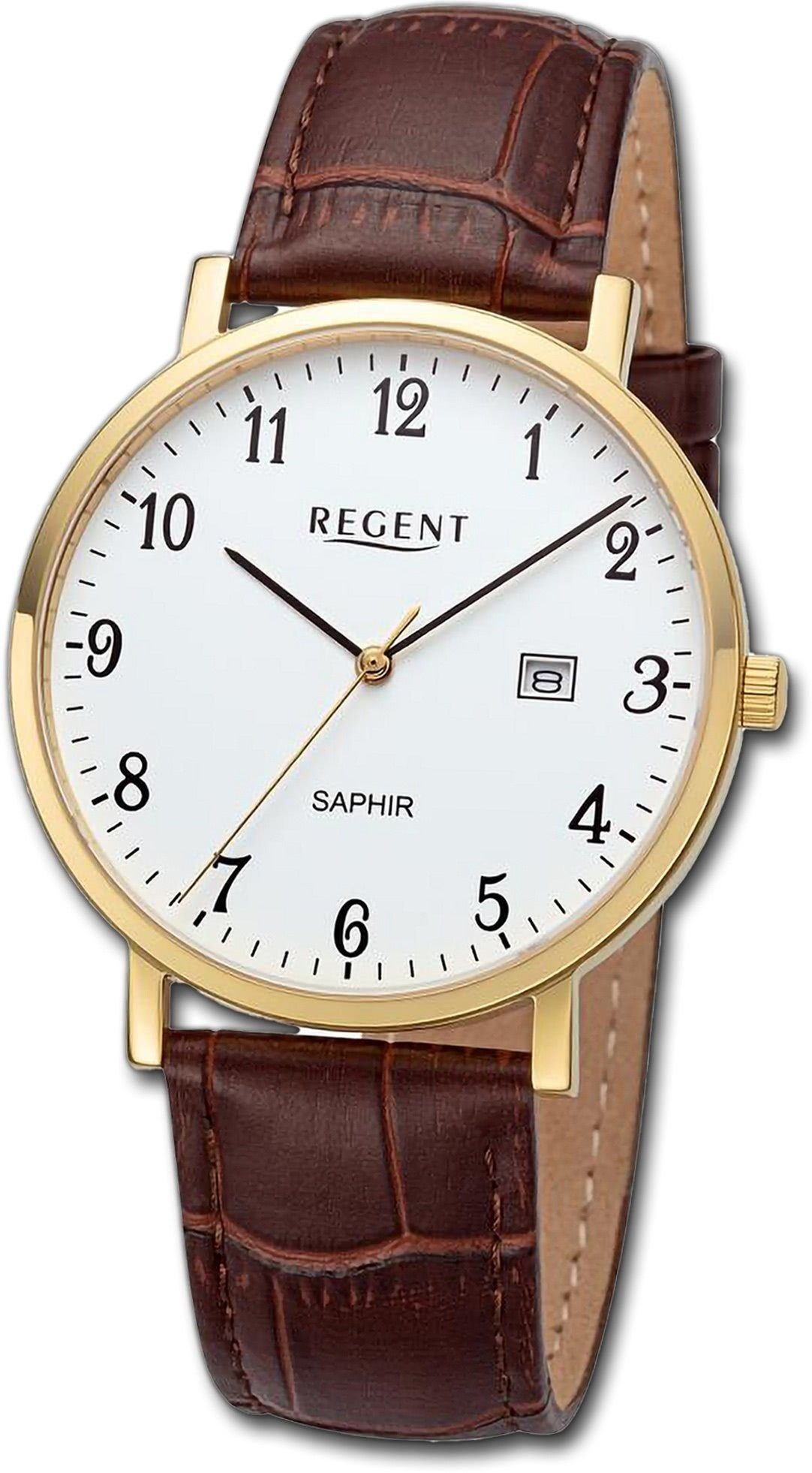 Regent Quarzuhr Regent Herren Armbanduhr Analog, Herrenuhr Lederarmband braun, rundes Gehäuse, extra groß (ca. 40mm)
