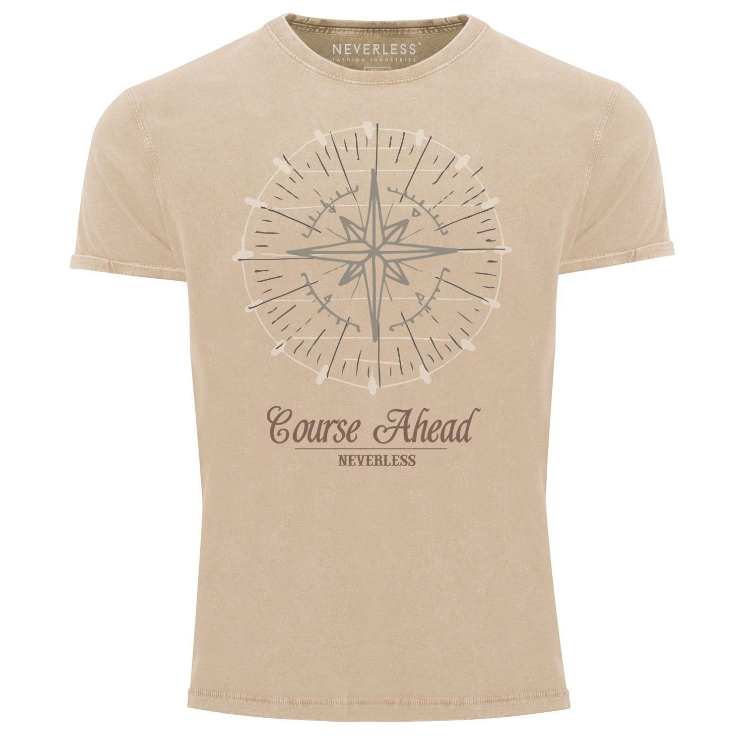 Neverless Print-Shirt Cooles angesagtes Herren T-Shirt Vintage Shirt Kompass Windrose Aufdruck Used Look Slim Fit Neverless® mit Print natur