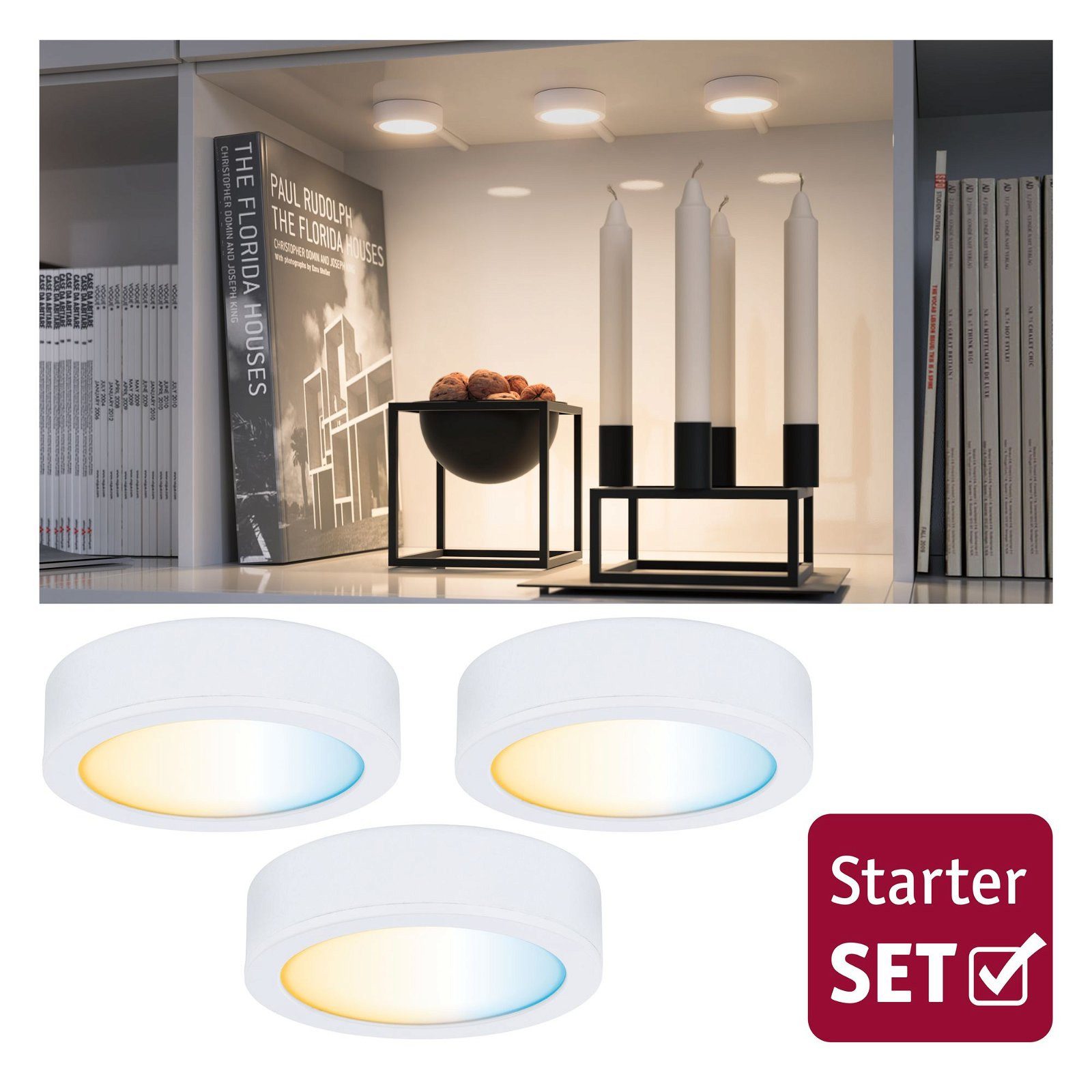 Paulmann Unterschrankleuchte Clever Connect Disc 3x2,1W 12 VADC 2700-6500K 12V Weiß matt/Kunststoff, LED fest integriert, Tageslichtweiß, Starter-Set