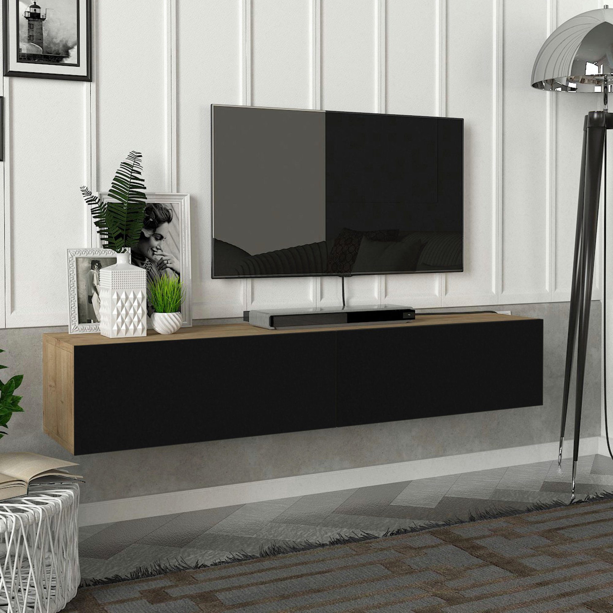 en.casa TV-Schrank »Toivakka« Fernsehschrank 135x31x25cm Eiche-Optik/Schwarz