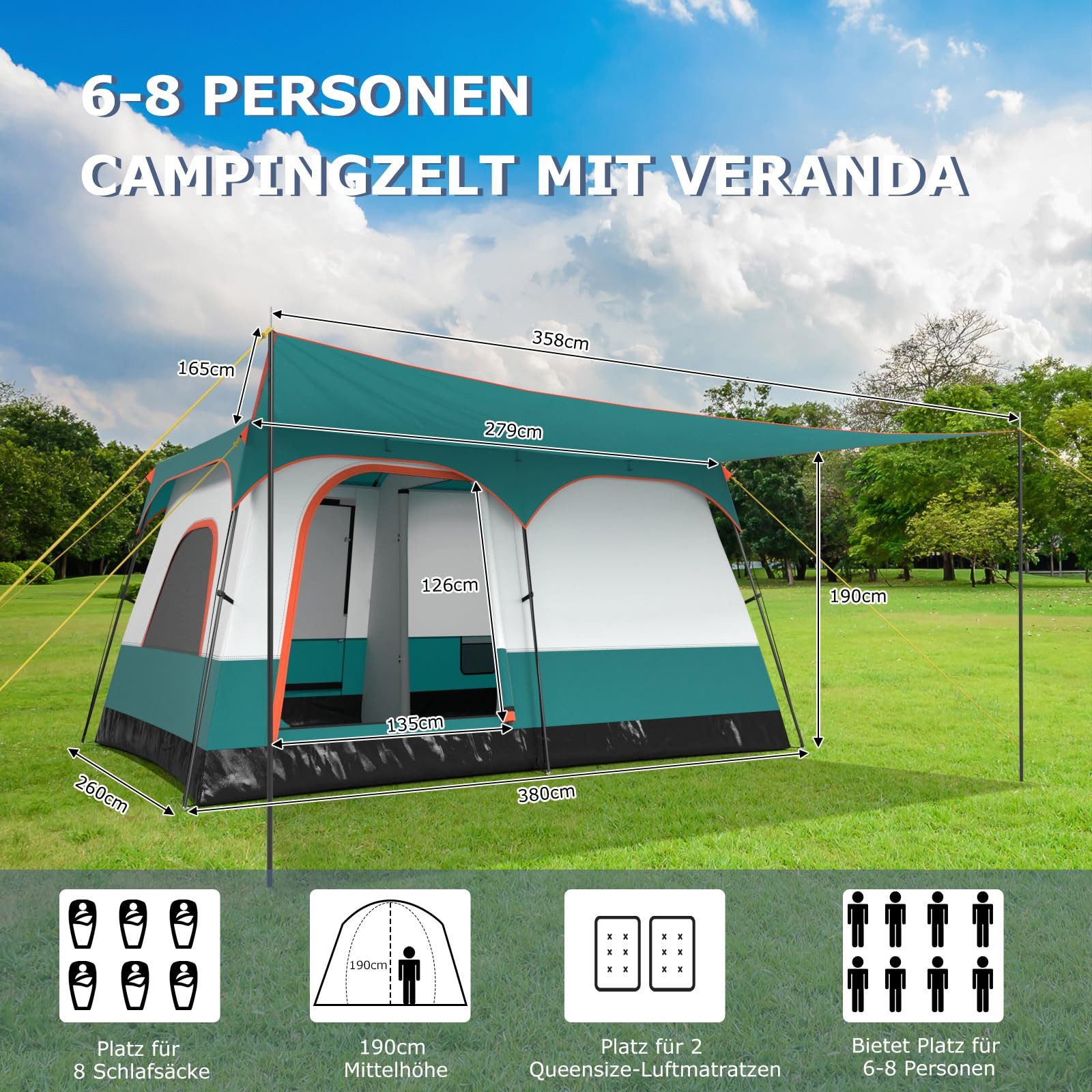 COSTWAY Kuppelzelt, Personen: 8, XL wasserdichtes Campingzelt mit Tragetasche