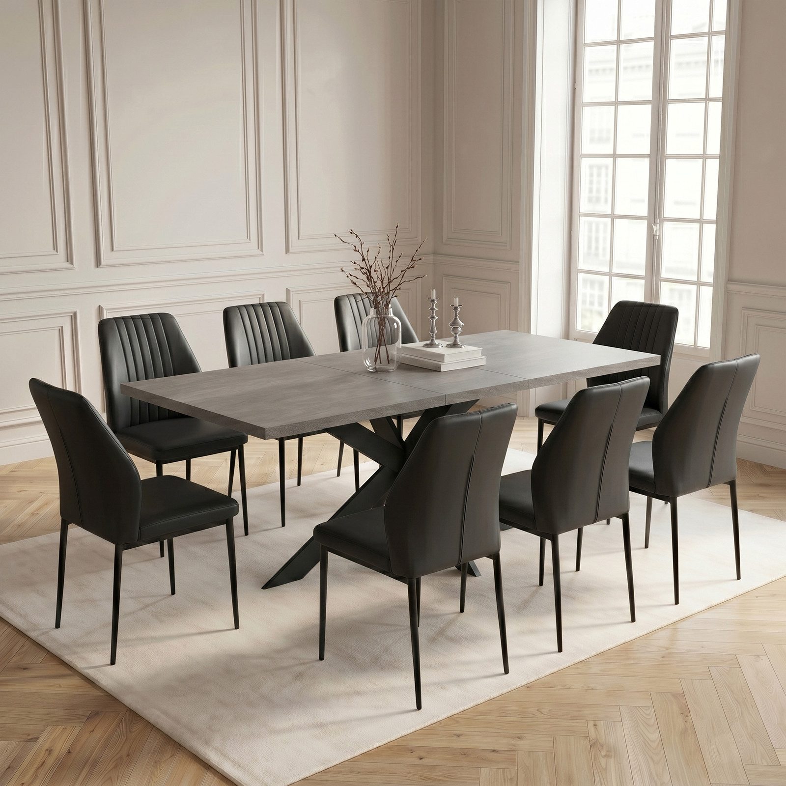 Jiexi Essgruppe Tisch-und Stuhlset, Ausziehbarer Esstisch (160–200 cm) mit 6-8 Stühlen
