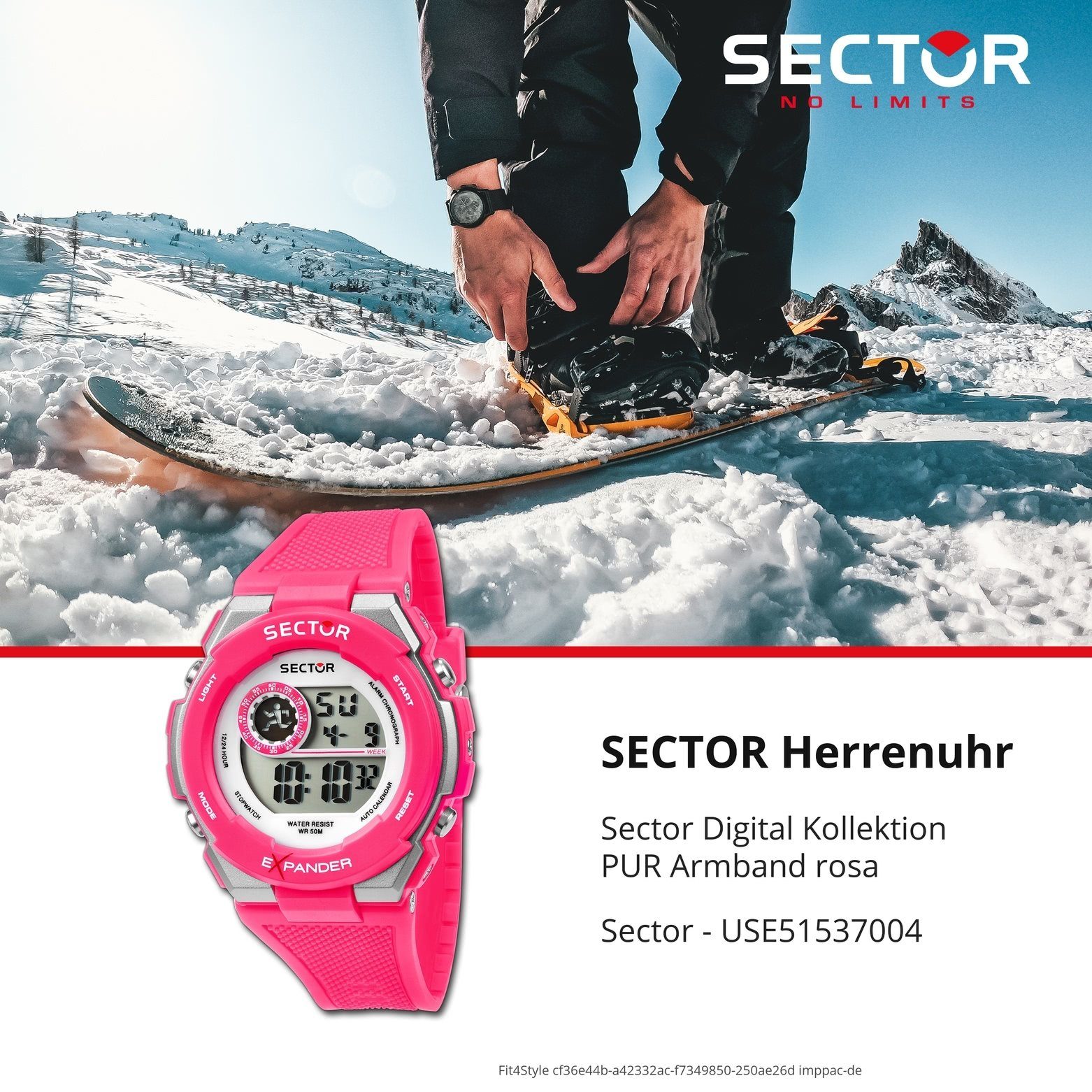 Sector Digitaluhr Herren Herren 51mm), (ca. Casual Armbanduhr Sector rund, extra Digital, rosa, groß PURarmband Armbanduhr