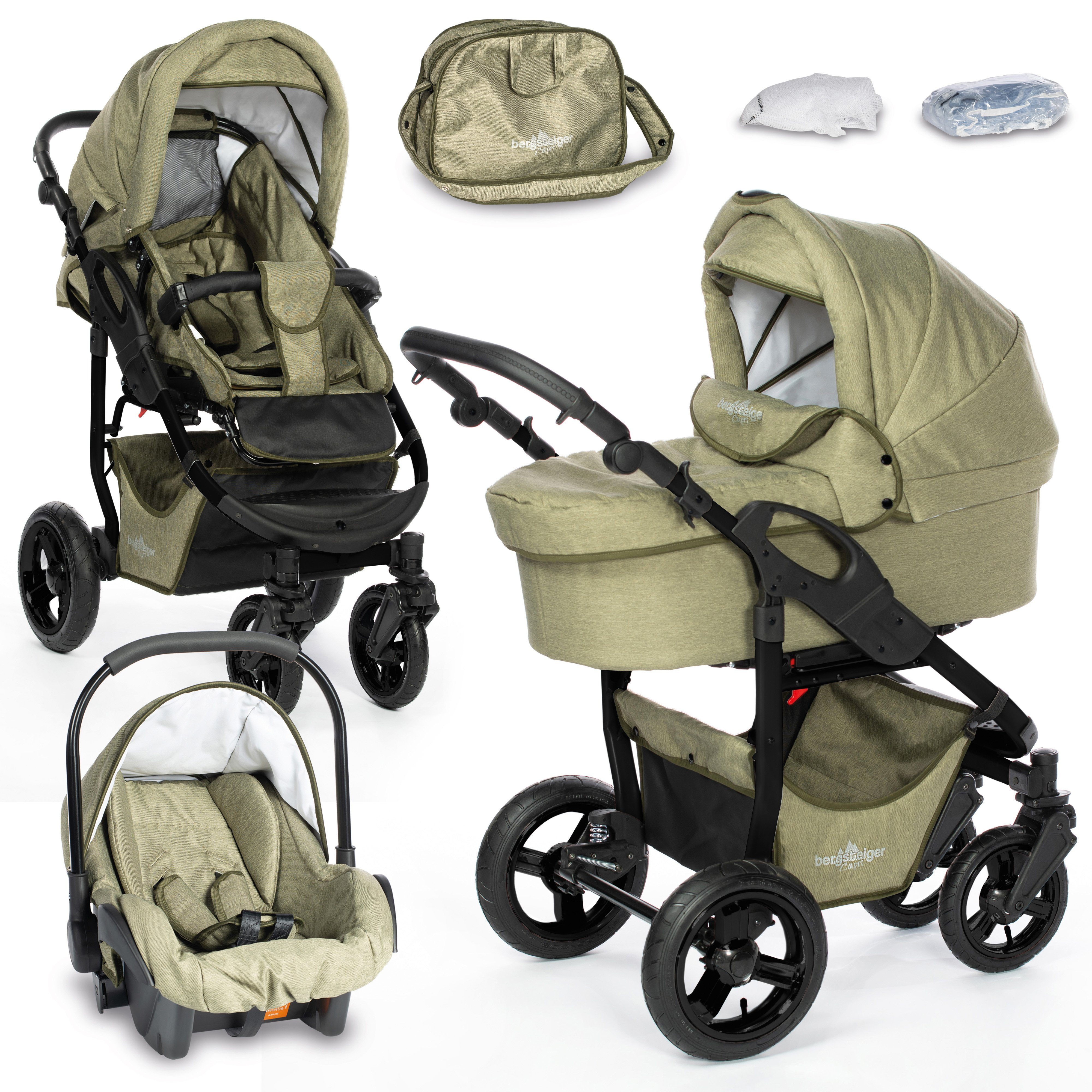 bergsteiger Kombi-Kinderwagen Babywagen Capri 3in1, Kombikinderwagen Komplettset inkl. Zubehör - Babyschale, Buggy-Aufsatz, Sonnenschutz & Wetterfußsack, Federleichtes Gewicht, (10-tlg) green - Gestell: anthrazit