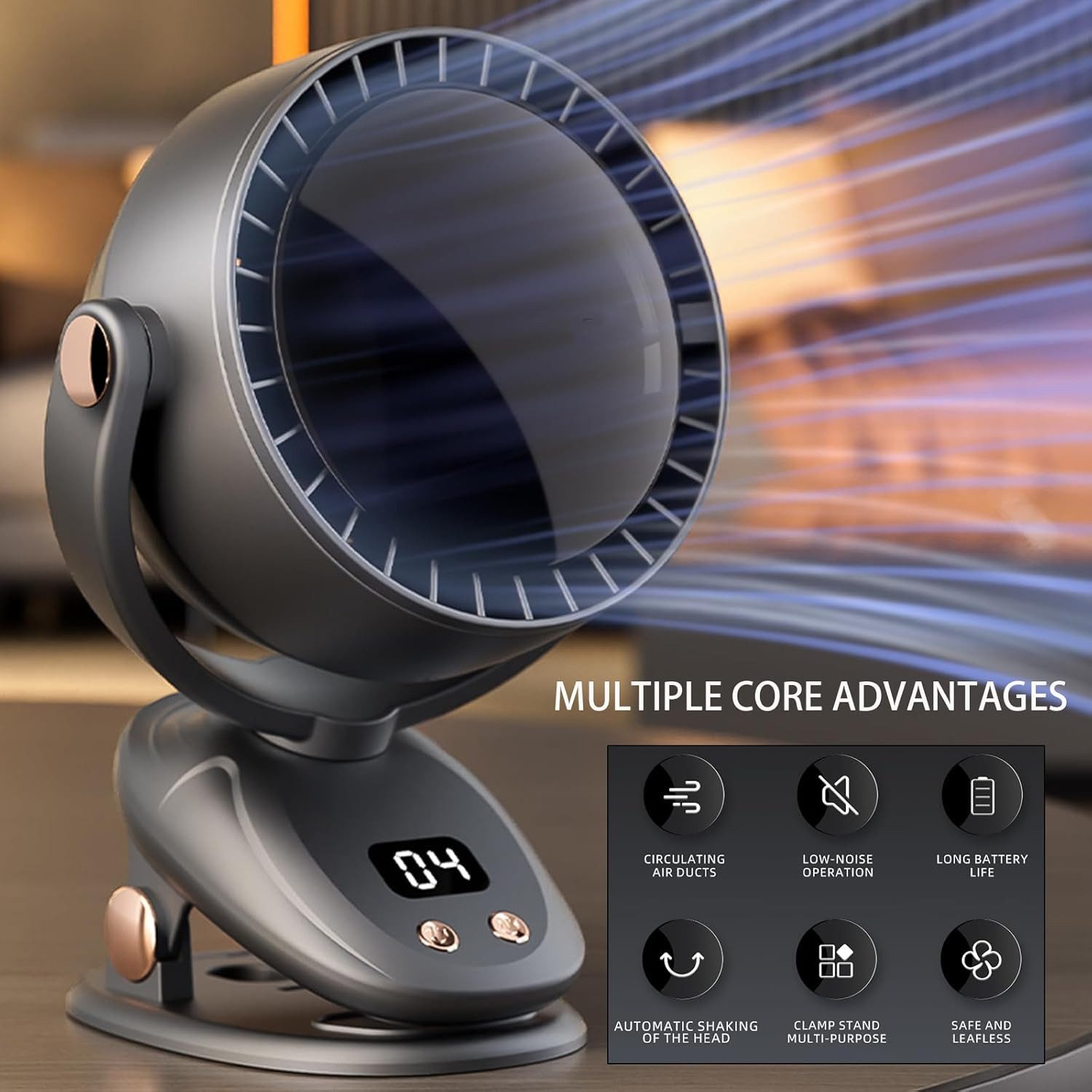 MOPUEA Akku-Standventilator Rotorloser Klemmventilator 6 Stufen Akku Schwenkbar mit Display, 180° Autoswing, multifunktionaler, leiser Tischventilator für Büro
