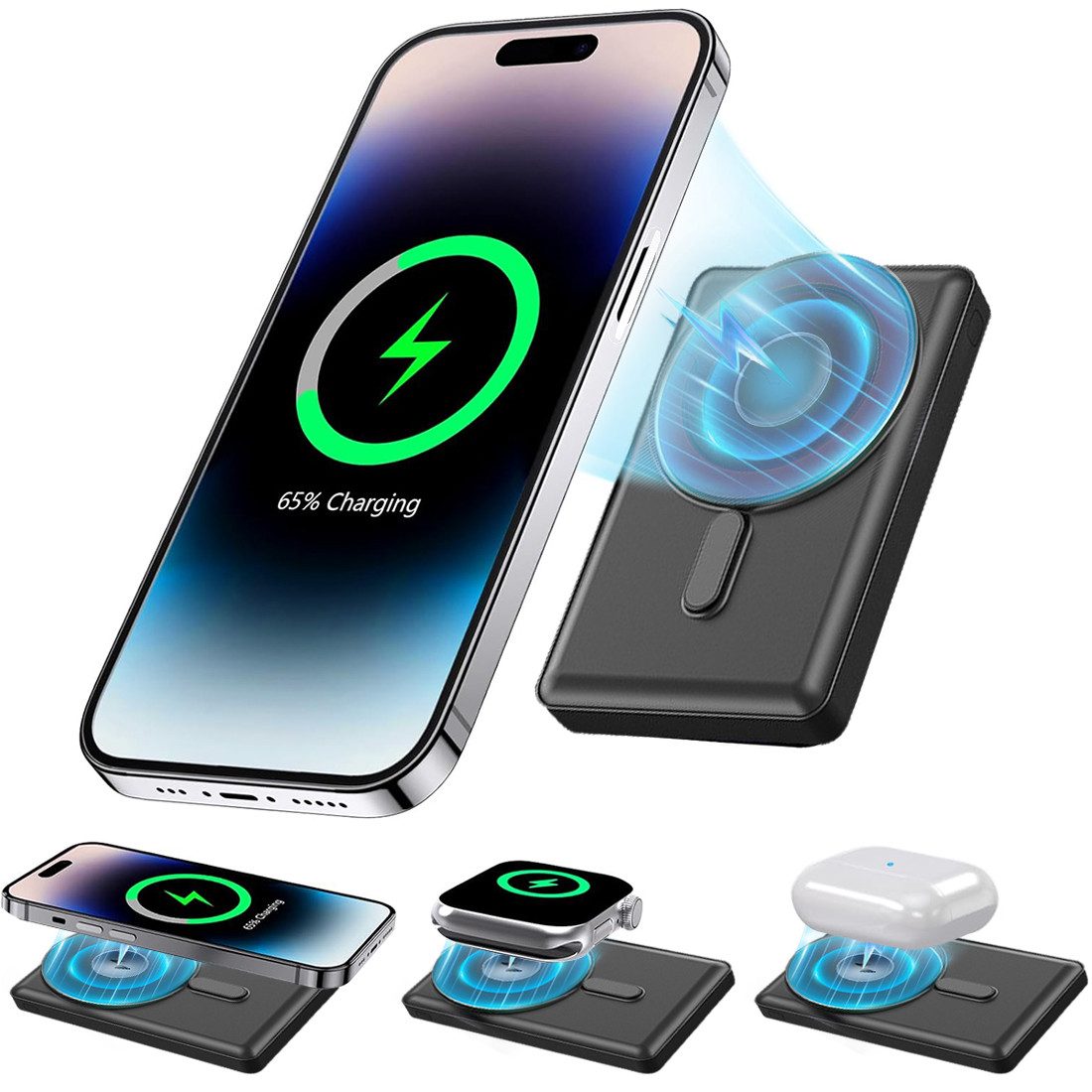 MOPUEA Magnetische Powerbank 10000mAh PD20W Kabellos USB C Schnellladen Powerbank, Magnetisches Laden 10000mAh PD20W Dual Laden kompakt