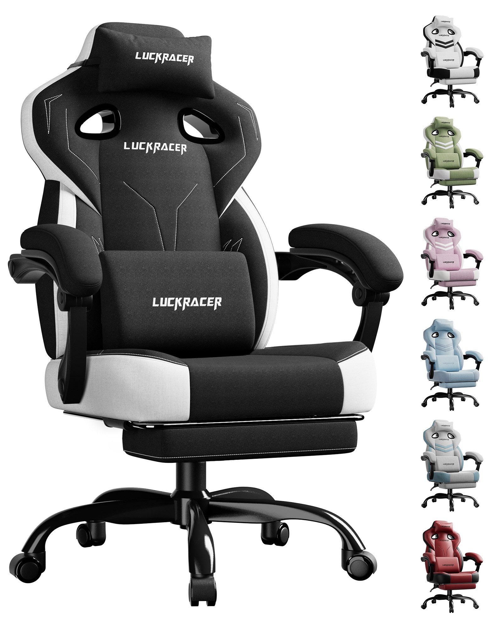 LUCKRACER Gaming-Stuhl Stoff/Kunstleder, Bürostuhl mit verbundenen Armlehnen, Memory-Schaum, 90–155° Neigungswinkel und Fußstütze